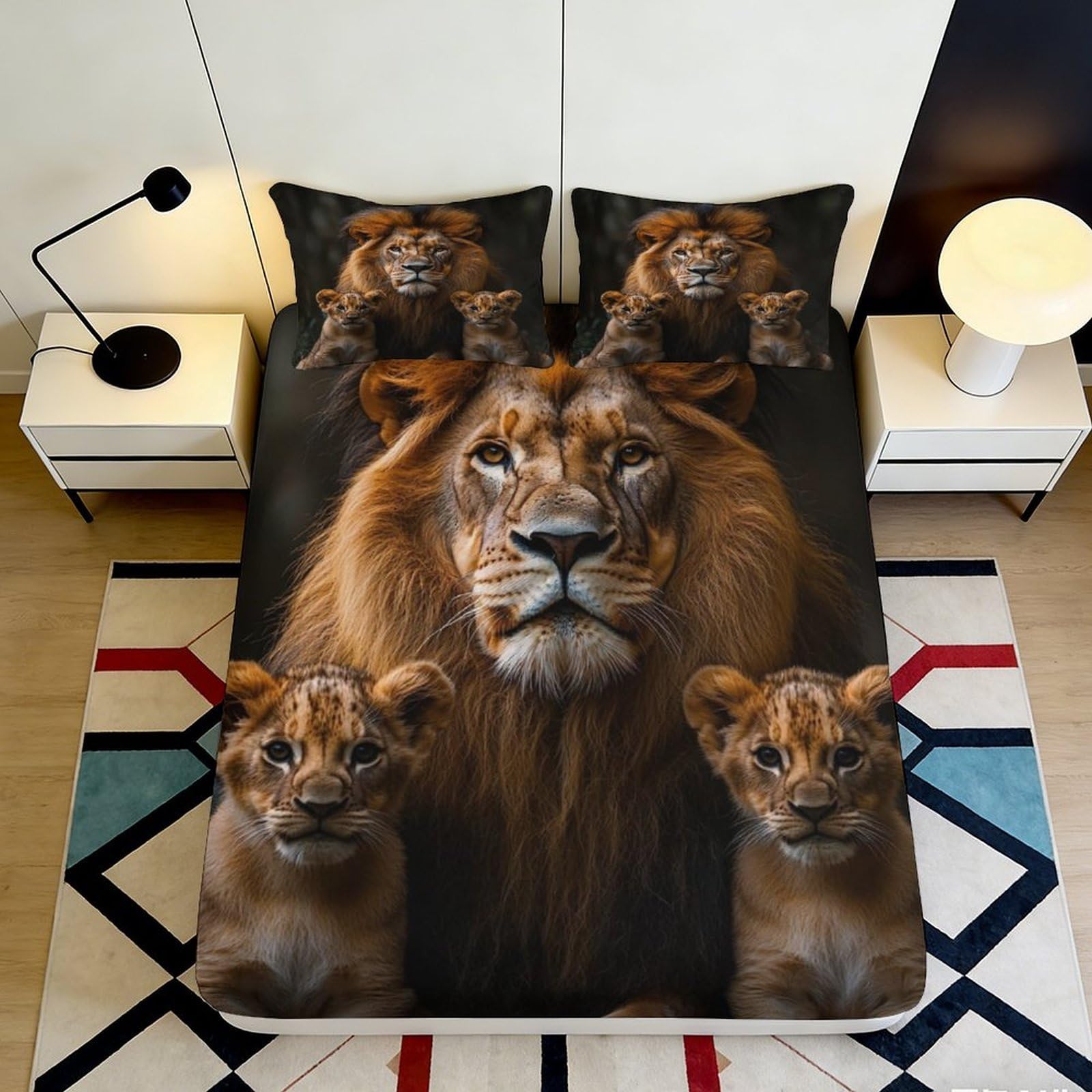 3D Printed Lion Family Fitted Sheet Microfiber Soft Durable Lion Cubs Bed Cover for Bedroom Dormitory Guest Room Mattress Protection Decoration 140x200x25cm
