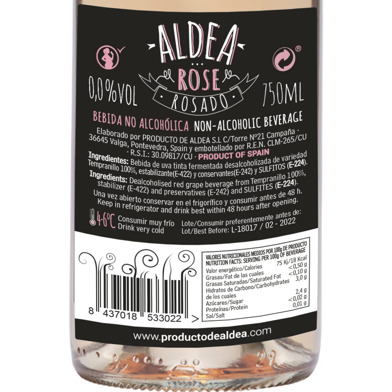ALDEA 00 ROSADO TEMPRANILLO, VINO DESALCOHOLIZADO 75 cl (PACK 6 BOTELLAS, 450 CL)