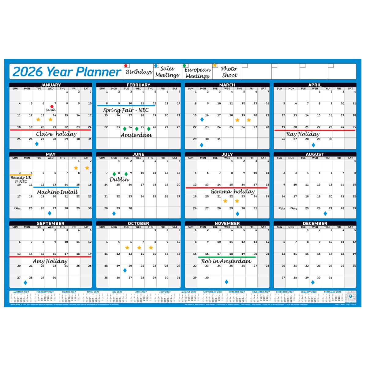 PlannerHead 2026 Grid Style Unmounted & Unlaminated Wall Planner Calendar Chart Poster 12 Months/Yearly Calendar 2026/2027 Footnote/Flexible for Any Country/Blue Extra Large (68x100cm)