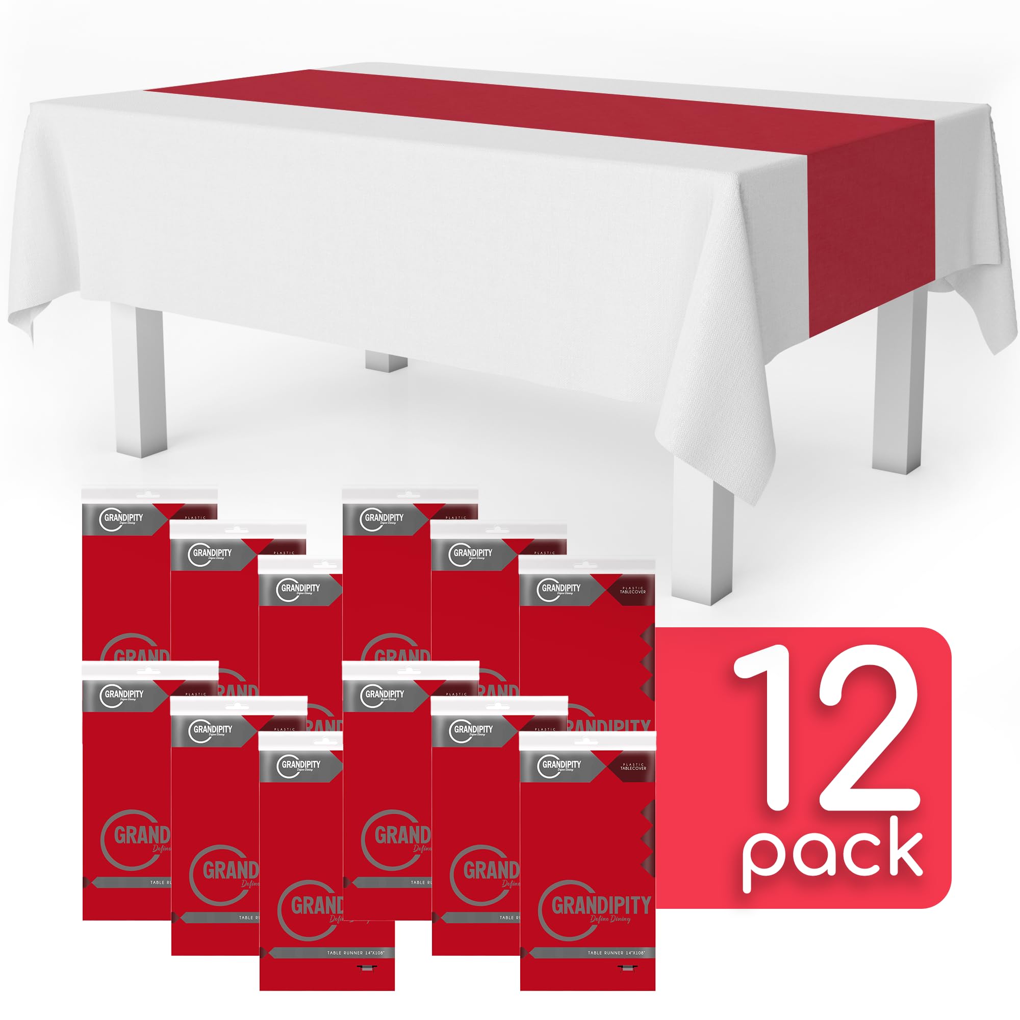 Red 12 Pack Premium Disposable Plastic Table Runner 14 x 108 Inch. Table Runner for Dinner Parties & Events by Grandipity