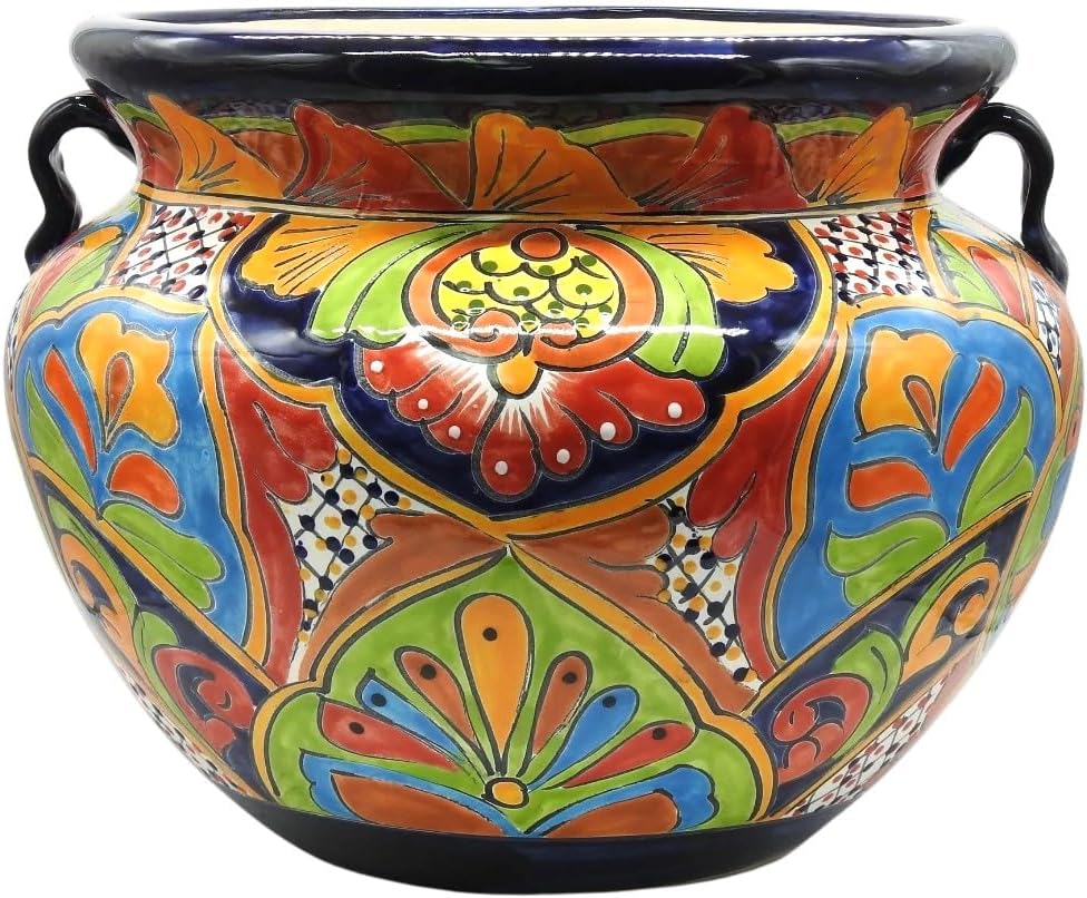 Michoacana Planter Large Hand Painted Pot Indoor Outdoor Multi Colored Glazed