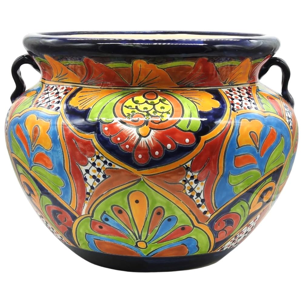 Michoacana Planter Large Hand Painted Pot Indoor Outdoor Multi Colored Glazed