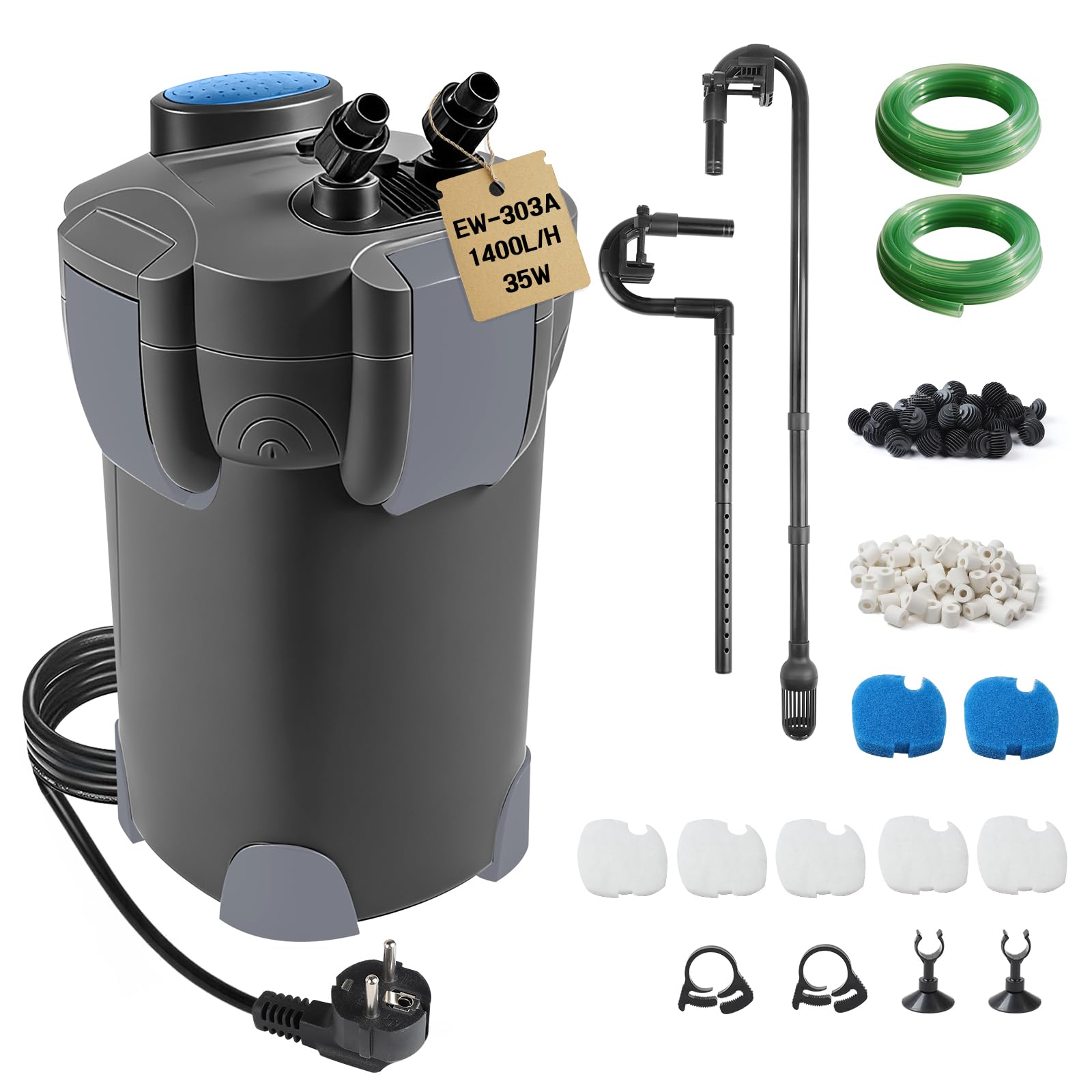 EXLECO Filtro Externo Acuario 1400L/H 35W Filtro Pecera Flujo Ajustable con Material Filtrante y Manguera Acuario Tubo, Bomba de Filtro Aquário Potente Profesional para Pecera de Menos de 300L Negro
