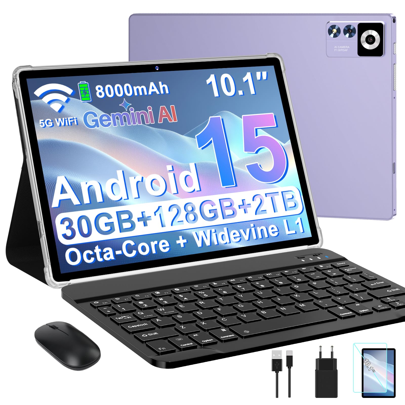 ZIOVO Tablet 10 Pollici Android 15 Tablets,30GB RAM+128GB ROM(TF 2TB),5G WiFi Tablets,Octa-Core 2.0 GHz/Gemini AI/Widevine L1/8000 mAh/BT 5.0/GPS/Face ID/2 in 1 Tablet con Tastiera e Mouse - Viola