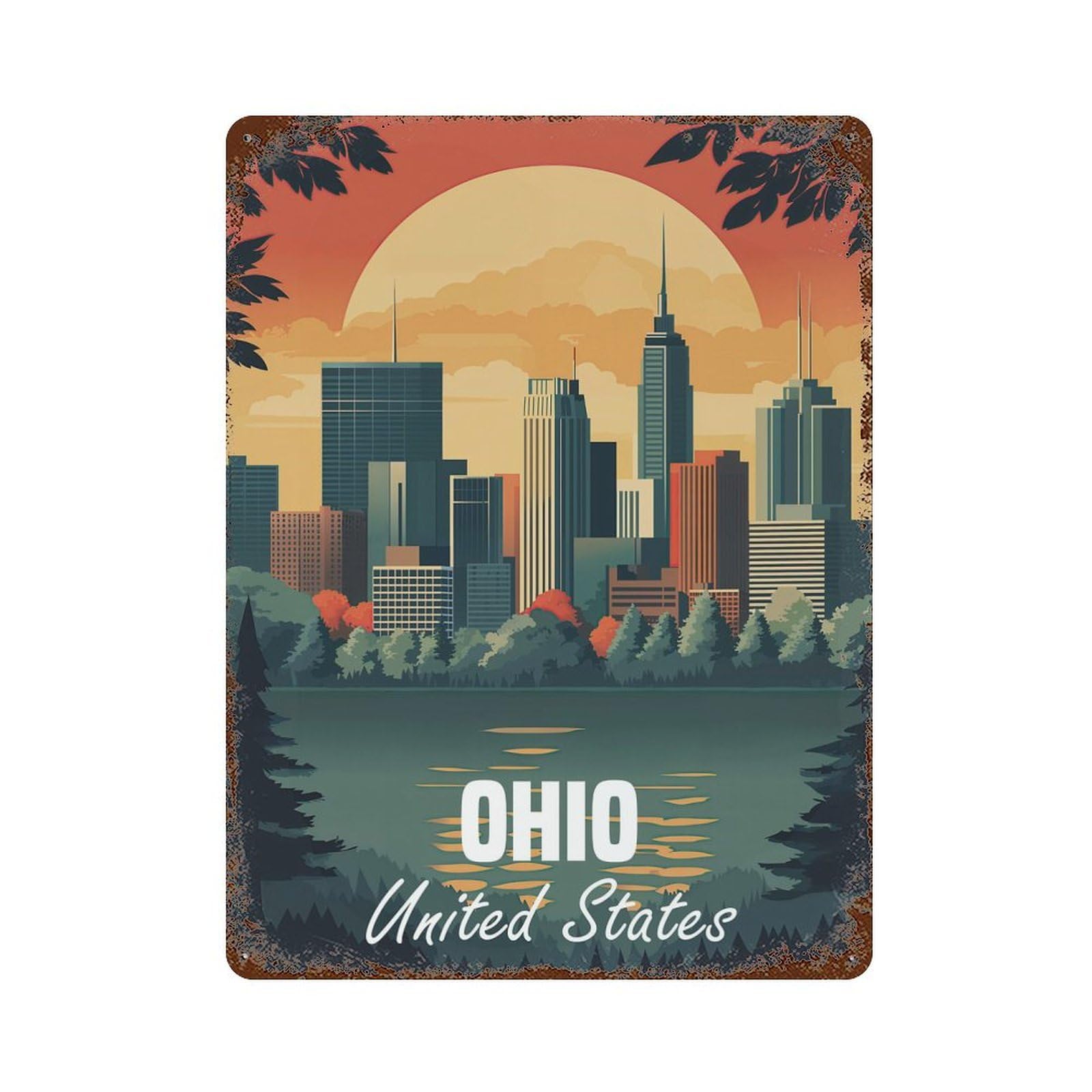 Ohio Skyline Aged Metal Wall Plaque 15.7"x11.8", for Living Room, Hallway And Home Decor, Shabby Chic Decor
