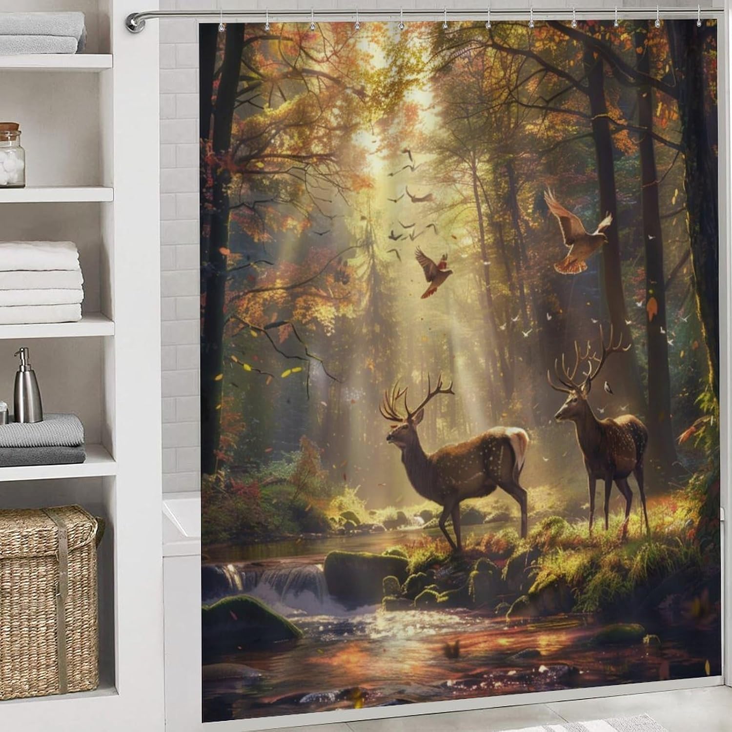 4 Piece Rustic Deer Shower Curtain Set with Rugs, Modern Bird Sunset Vintage Forest Include Bathroom Non-Slip Floor Mat, U-Shaped Bath Rug and Toilet Cover Lid with 12 Hooks
