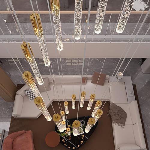 H128 pulgadas, moderna escalera de cristal, 20 luces, lámpara colgante para vestíbulo, montaje en techo, columna de burbujas sólidas de cristal K9