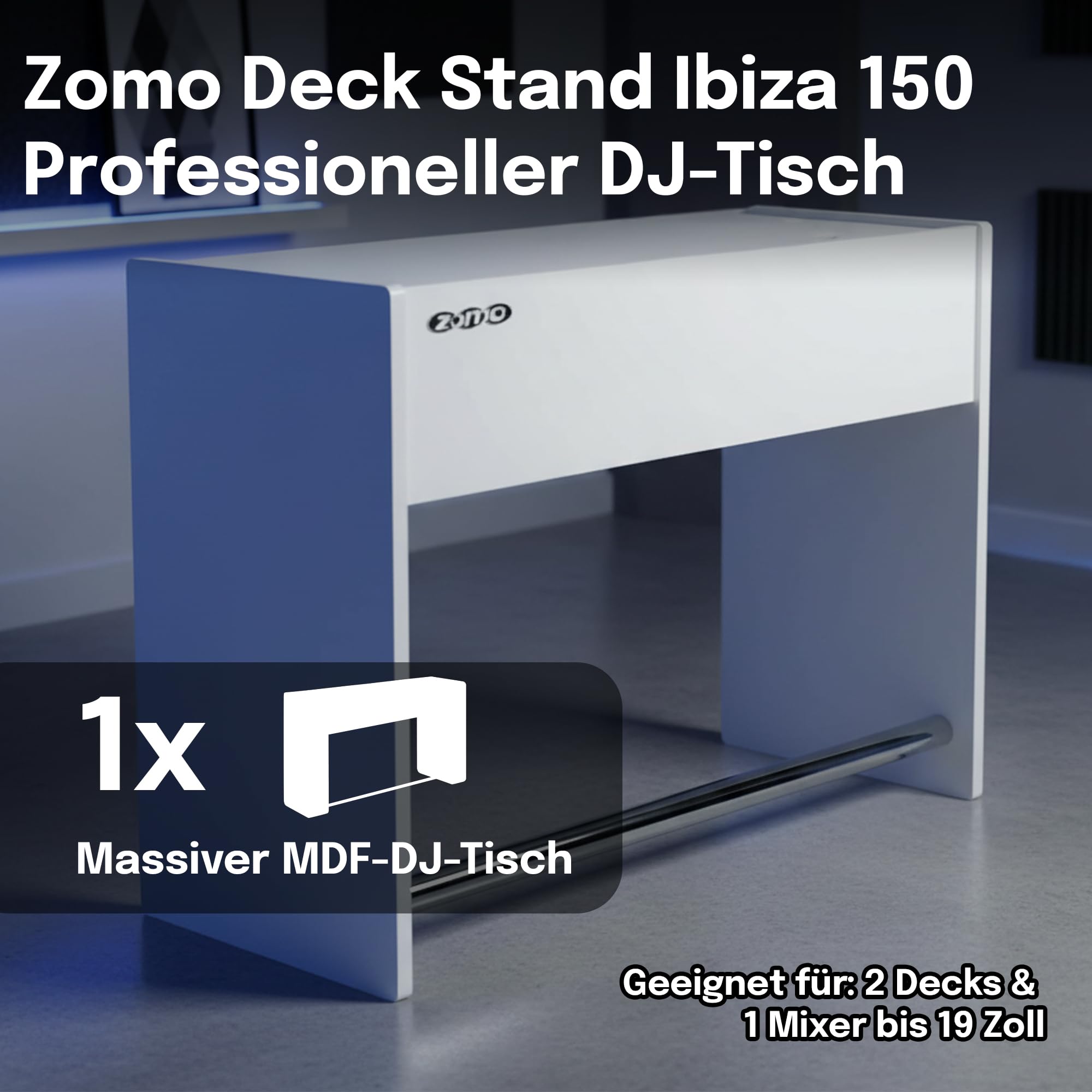 Zomo Deck Stand Ibiza 150 - DJ Tisch 153 x 50,6 x 96 cm - Weiß - MDF Holz - 46,1 kg - für 2 Decks und einen Mixer bis 19 Zoll