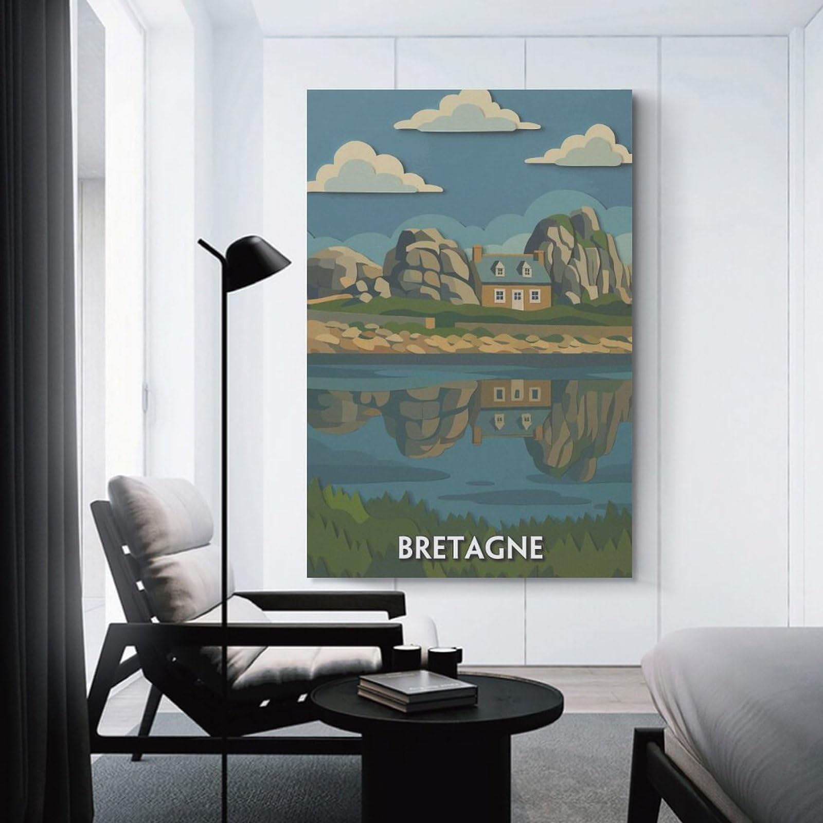 Junmoney Wall Picture Print Bretagne Coastal House Reflection, 24x36inch(60x90cm), for Workspace Walls, Study Corners Or Bedrooms, A Smart Decor Choice for Study Walls