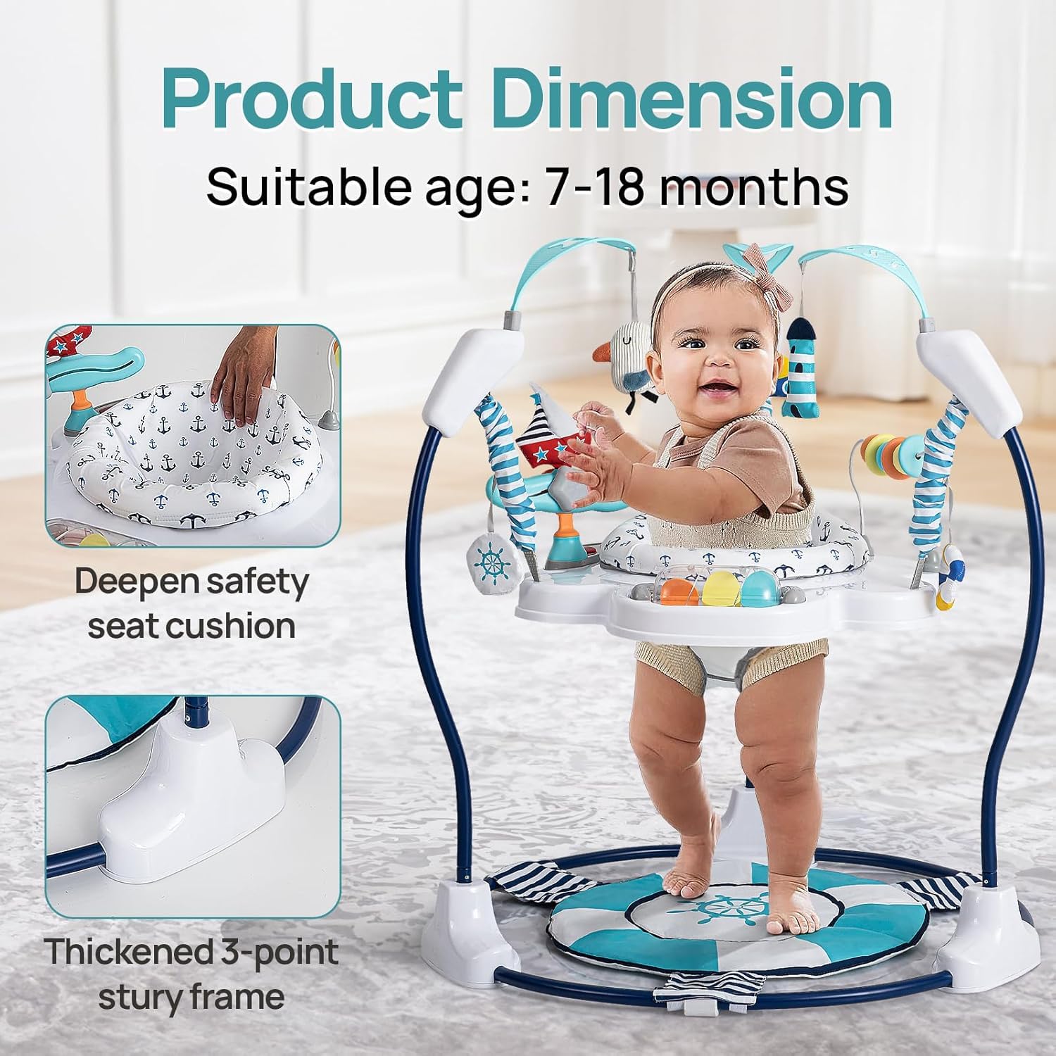 LADIDA Stationäres Aktivitätszentrum für Babys, Babywippe, springend, 360 °, mit Musikspielzeug und verstellbaren Höhen (Marineblau)