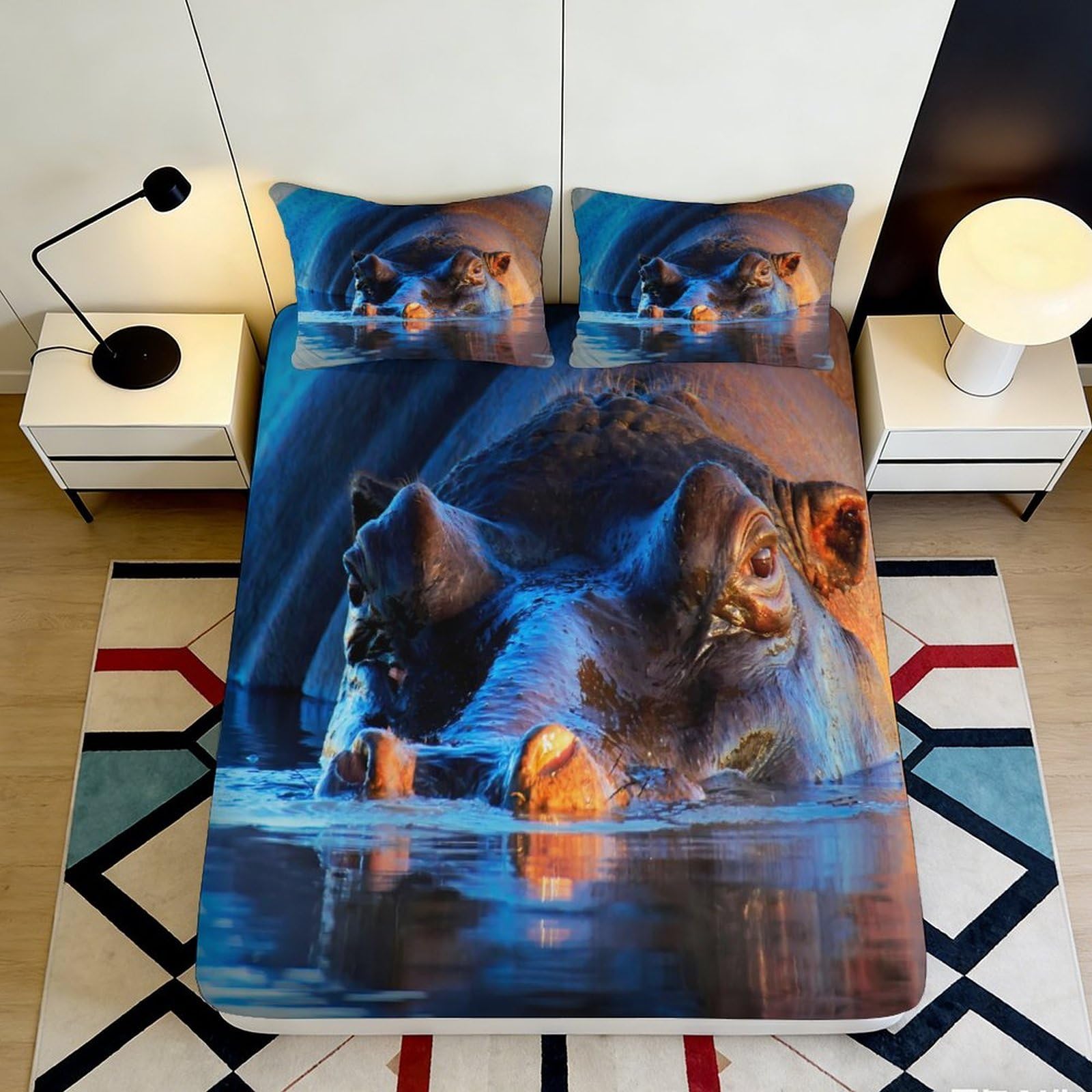 3D Printed Hippo Water Reflection Fitted Sheet Microfiber Non-Slip Mattress Cover for Bedroom Dorm Bed Decor 115 200x200x25cm