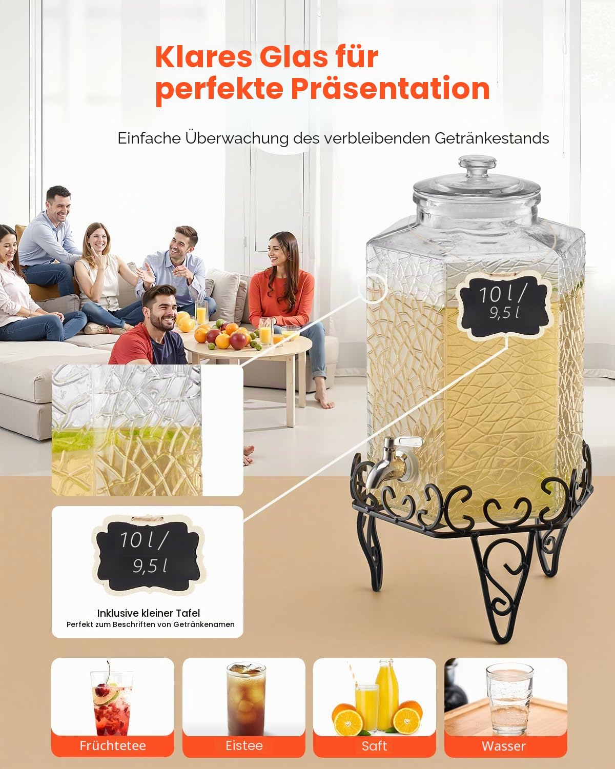 VEVOR Getränkespender (1 x 10 L) für Partys Saftspender (aus Glas) mit tropfsicherem Zapfhahn & Metallständer Wasserspender für Restaurants Partys, Limonade Eistee selbstgemachte Getränke Spender