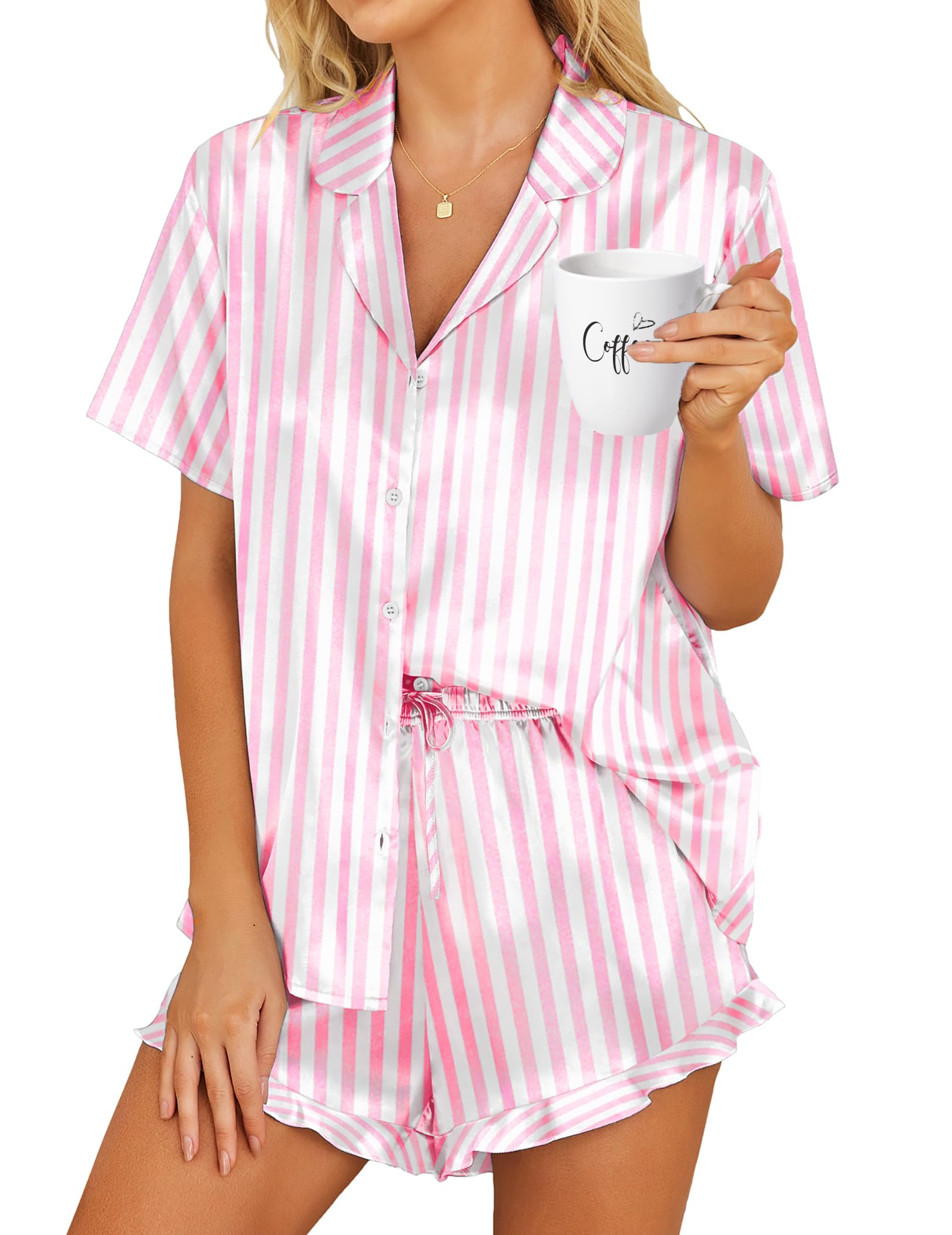 HOTOUCH Womens Satin Pajamas Set Button Down 2 Piece Silk Pjs Shorts Set Ruffle Lingerie Notch Collar Sleepwear