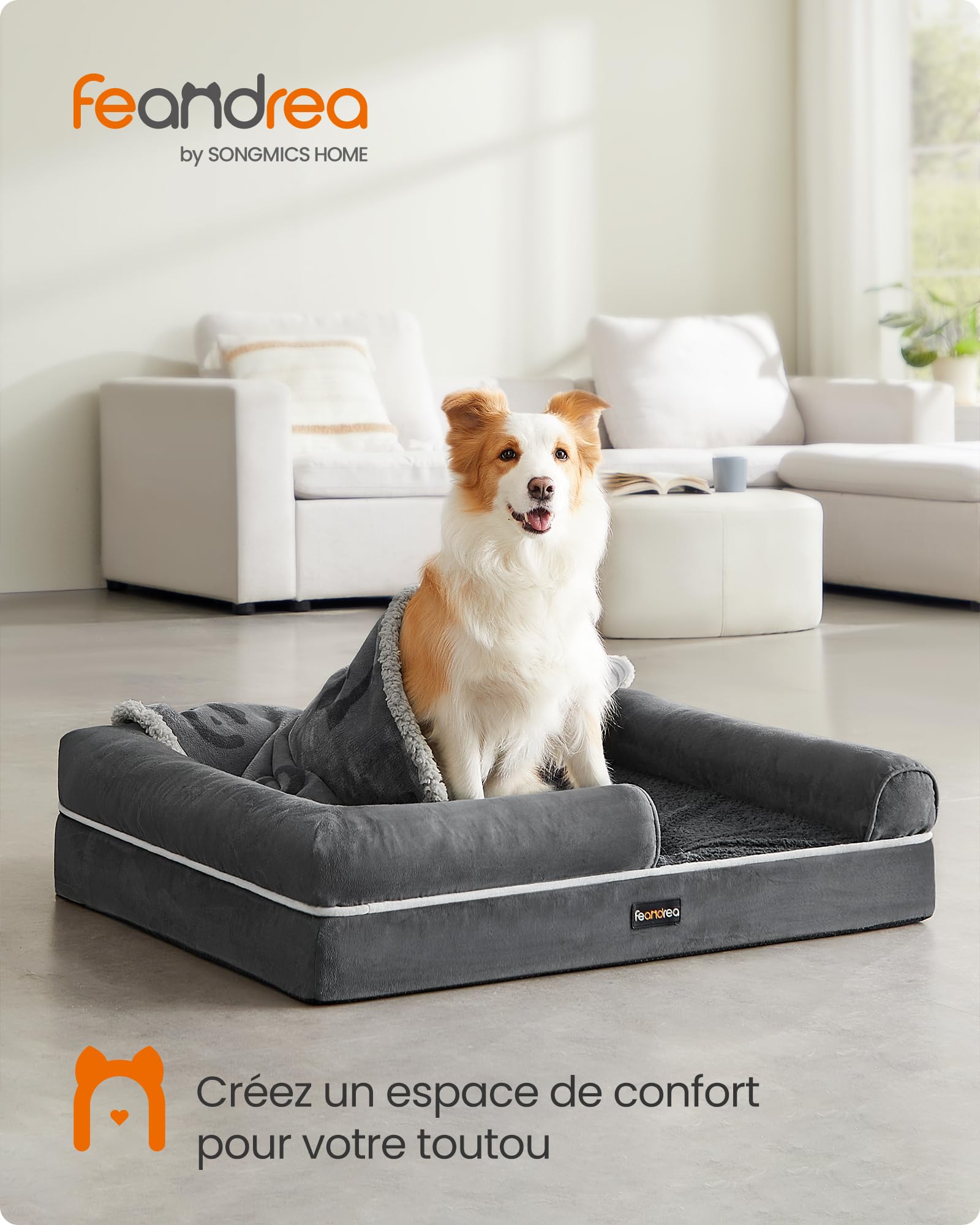 Feandrea Panier pour Chien Orthopédique, Canapé, Lit pour Animaux, Rembourrage Moelleux, Bords Rehaussés, Housse Amovible et Lavable, 91 x 63 x 18 cm, Antidérapant, Gris Foncé PGW076G01V1