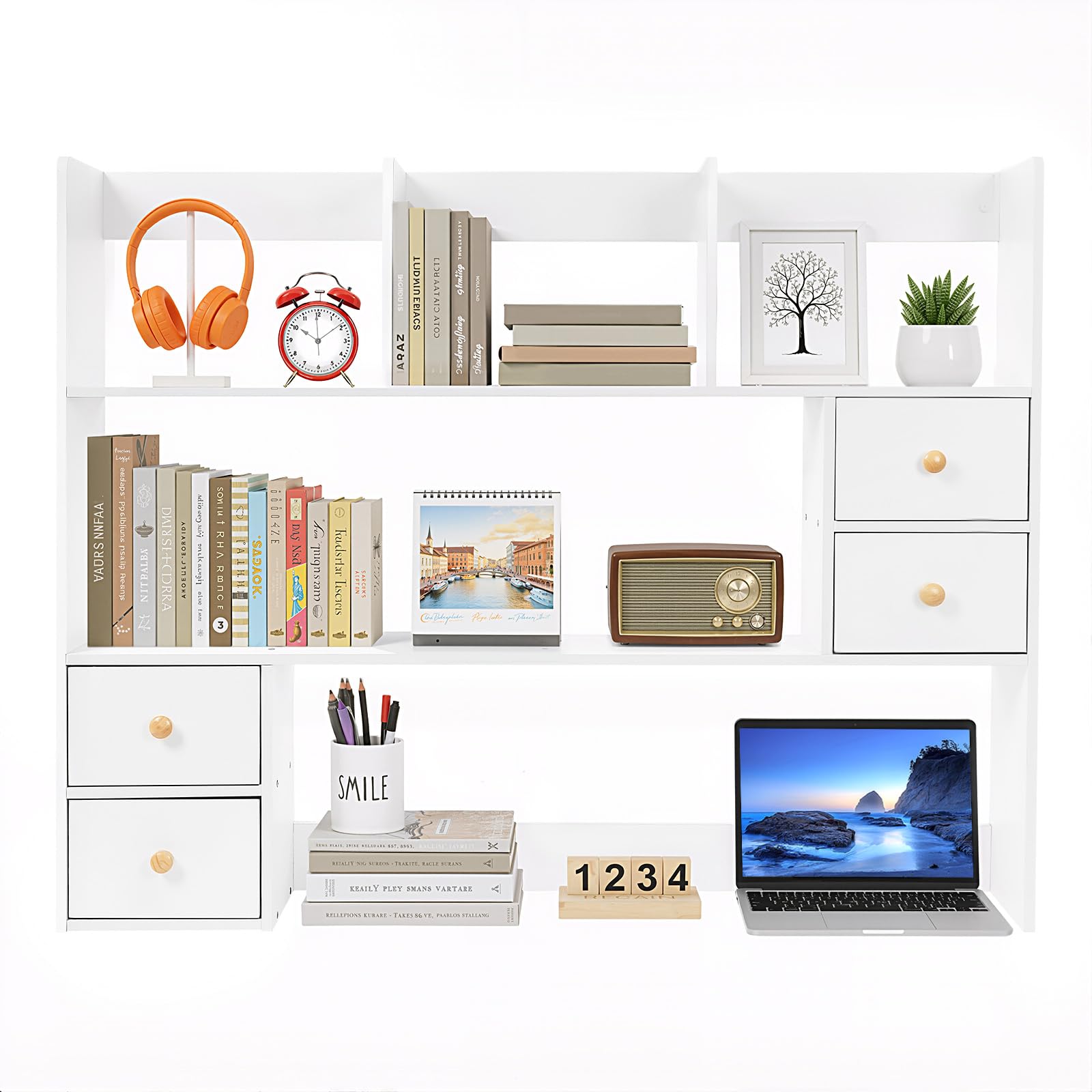 EcoTypee 3-Tier Desktop Hutch Bookshelf, 31.5 Inch Desktop Bookshelf Storage Rack with 4 Drawers, Desk Hutch for Computer Monitor, Desk Shelf Bookcase