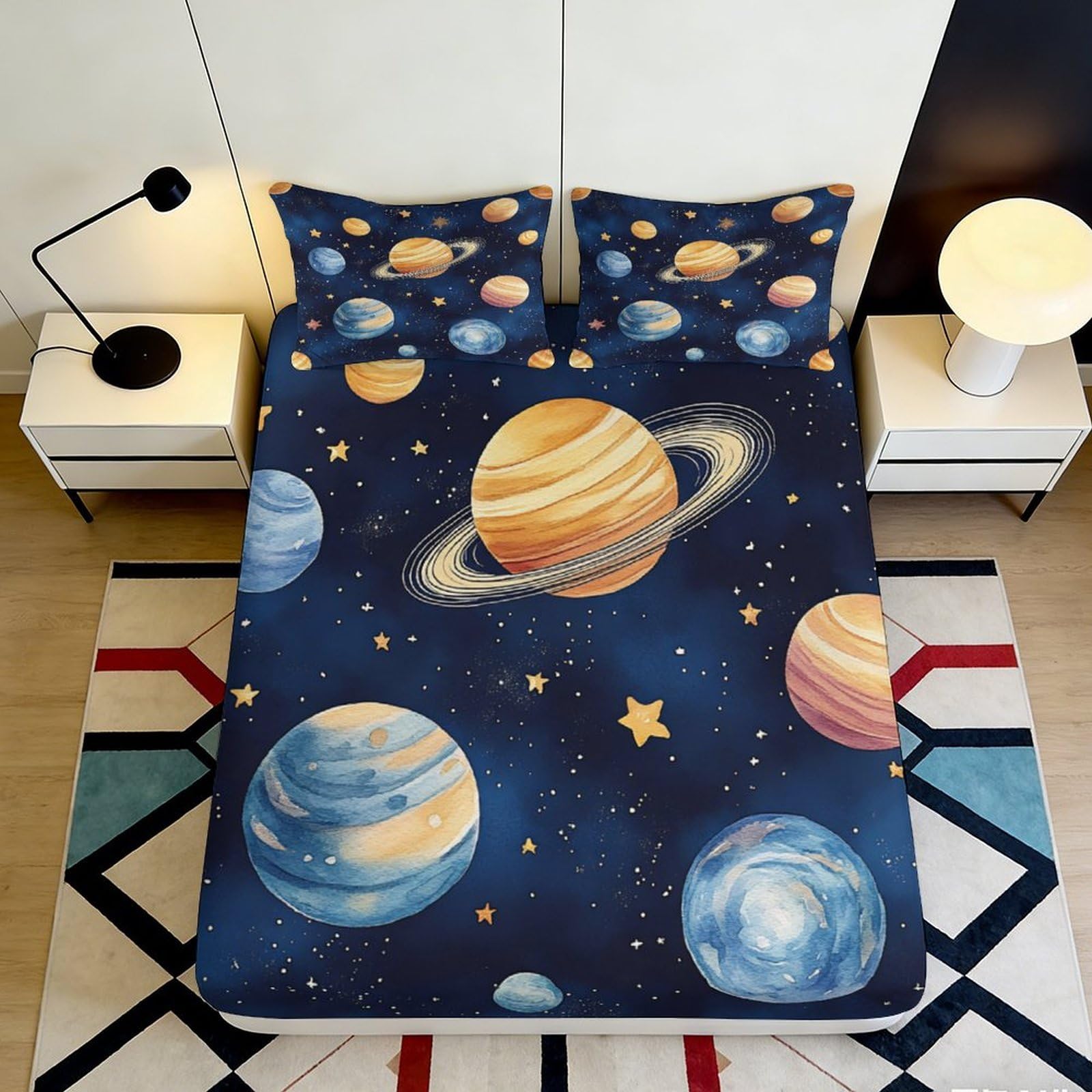 Uxinyoume Style-3 3D Printed Planet Galaxy Fitted Sheet Microfiber Soft Breathable Cosmic Solar Mattress Cover Bedroom Decor 90X200x25cm