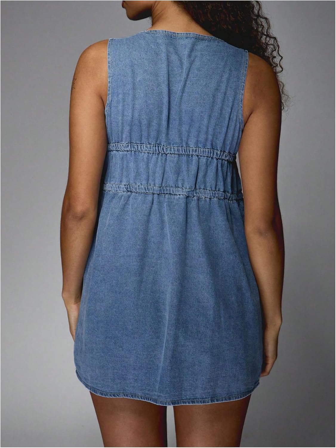 SHENHE Women's Deep V Neck Tie Bow Sleeveless Denim Mini Dress Summer Casual Jean Tank Dresses - Image 3