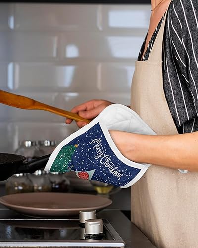 Miniatura 5 de Juego de 2 agarraderas de tela de toalla antideslizantes y aislantes de calor con bolsillo, guantes gruesos para horno, posavasos para hornear,