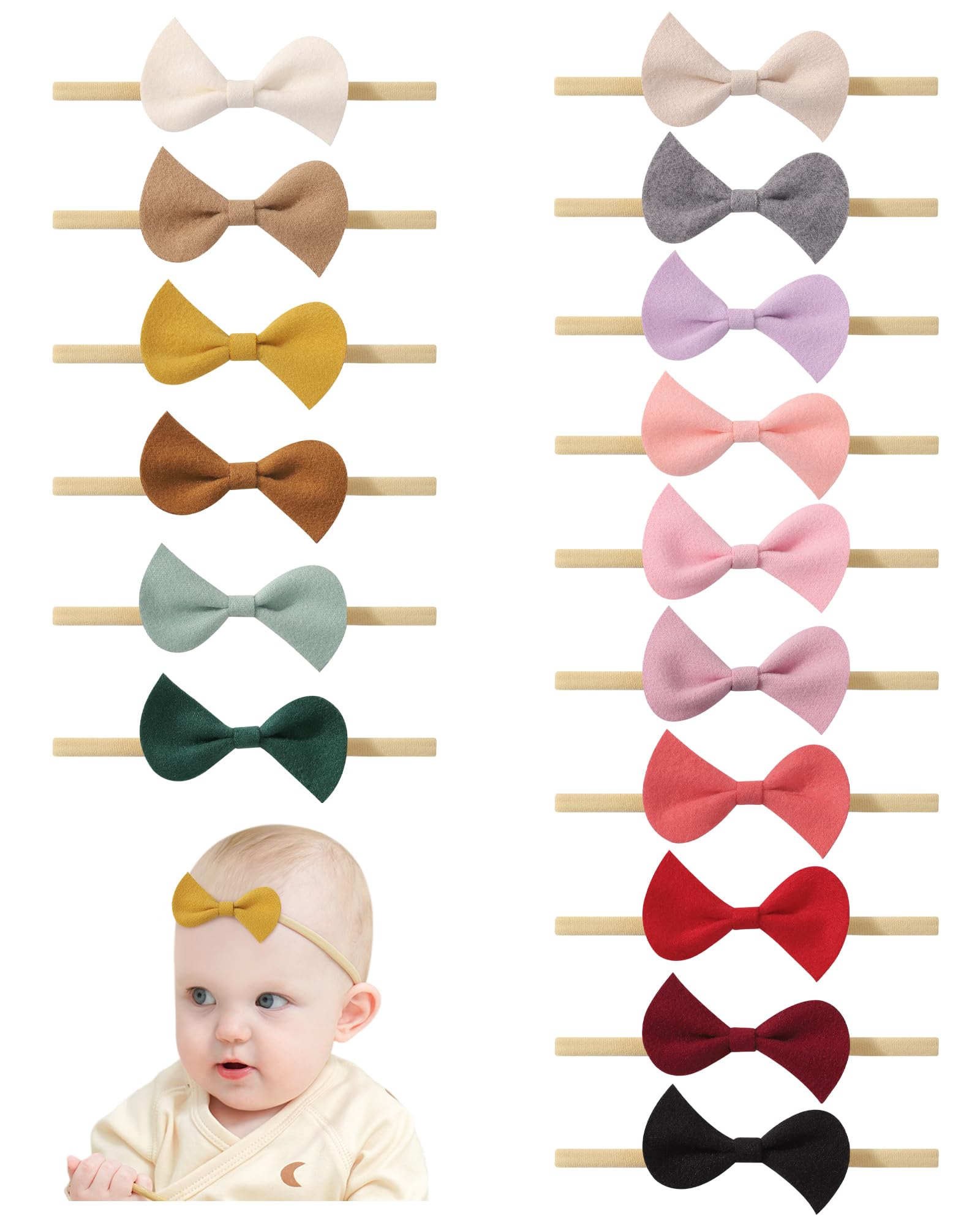 16PCS Baby Mädchen Stirnbänder mit Bügen Baby Haar Bügen Nylon Haarbänder Handgefertigte Wollstoff Haarzubehör für Neugeborene Kleinkinder Kleine Mädchen und Kinder