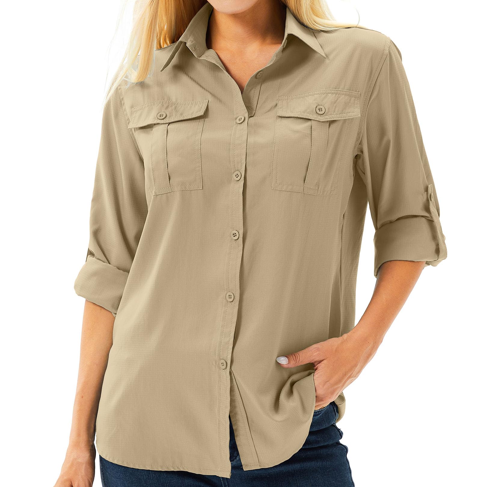 Asfixiado Women's Shirt UPF 50+ UV Protection Long Sleeve Shirt Women's Outdoor Hiking Blouse Safari Clothing Women's Breathable Outdoor Cool Quick Dry Sports Tops (5070 Khaki XXL)