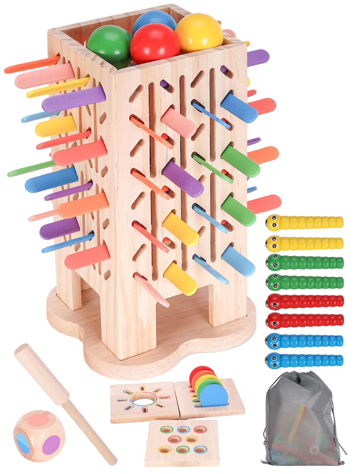 Montessori Spielzeug ab 3 Jahren, 60 Stück Holz Lernspiele, Holzturm Spiele Farblernturm Brettspiel Stäben Würfelspiel, für Familienspiel Reisespiel Kinderspiel Kinder Geschenk