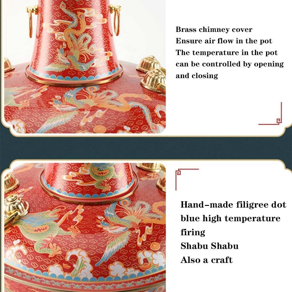 Cloisonne Hot Pot, Old-Fashioned Charcoal Household Copper Pot, Mutton Enamel Colored Copper Hot Pot Commercial Evenly Heated Shabu-Shabu,Blue (Red)