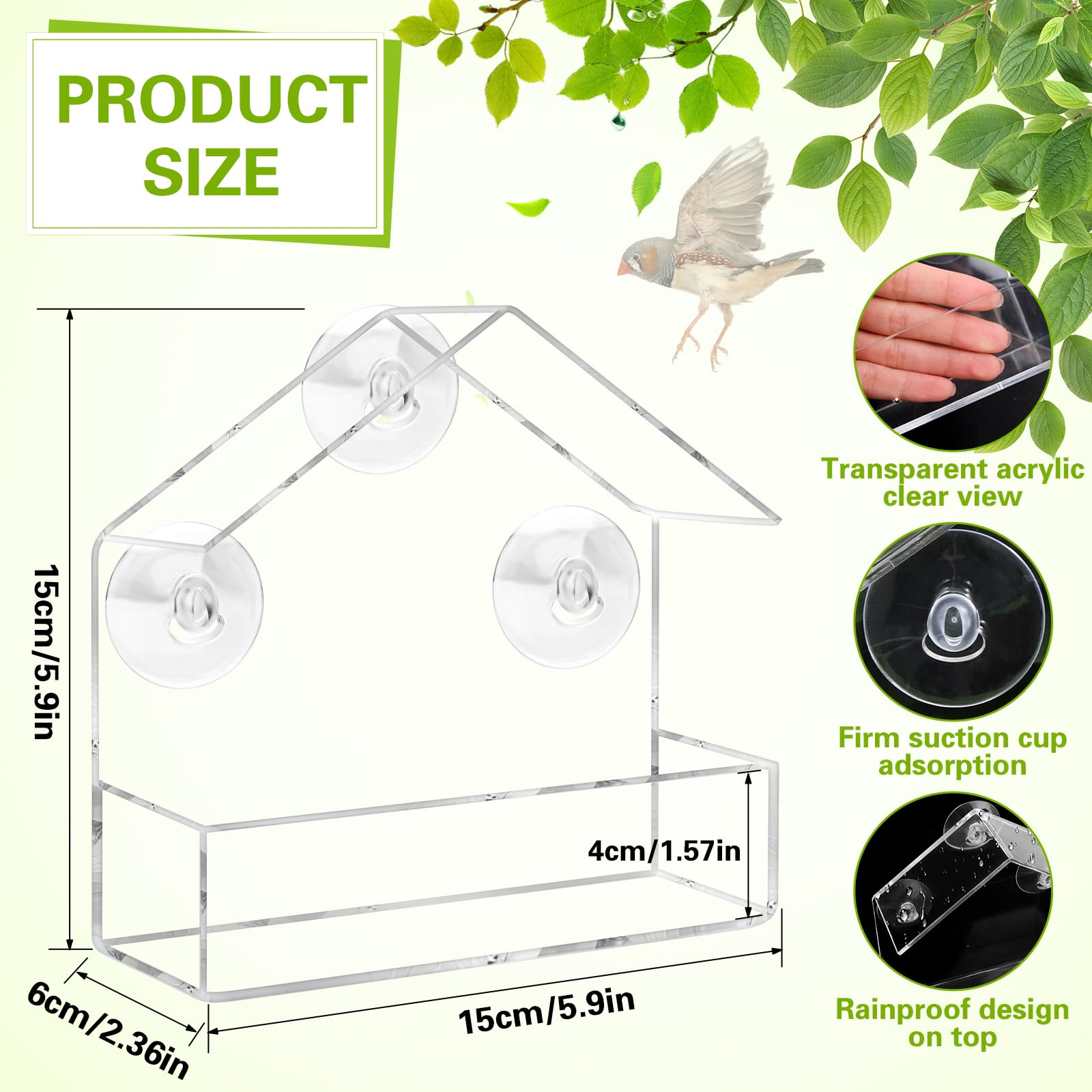 HGRGHH Comedero para Pájaros Acrílico, Comedero Pajaros Transparente, Comedero para Pájaros con 3 Ventosas, Comedero Pajaros Colgante para Jardín Pájaros Silvestres 15,5 x 15 x 6cm — view 2