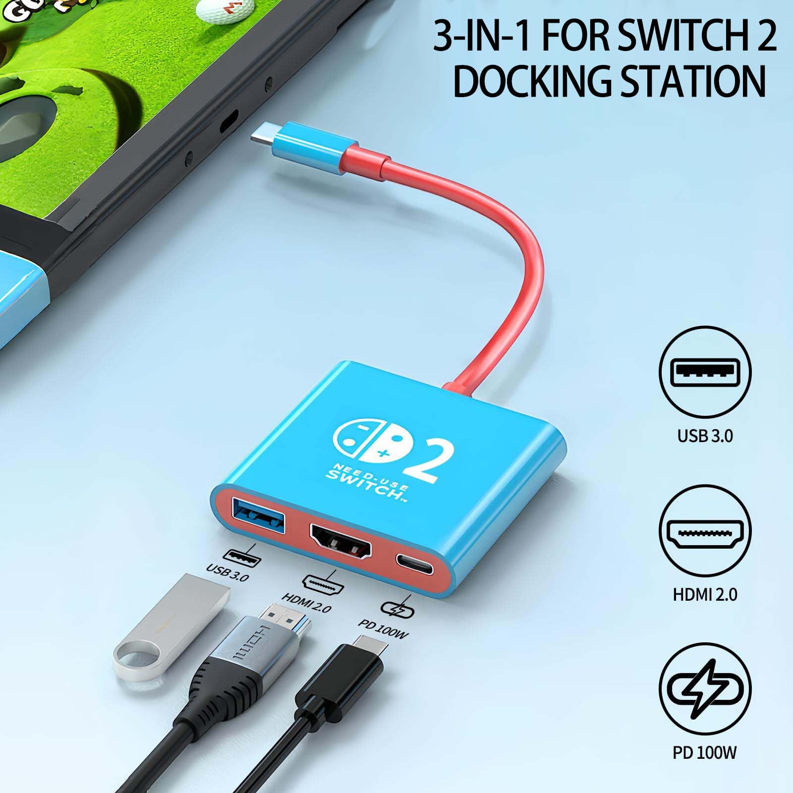 Switch 2 TV Dock, Portatile Base Support Compatibile con Nintendo Switch 2 Console,3 in 1 Docking Station Supporto 4K HDMI/USB 3.0/PD 100W Port, Dock Switch 2 (Rosso e Blu)