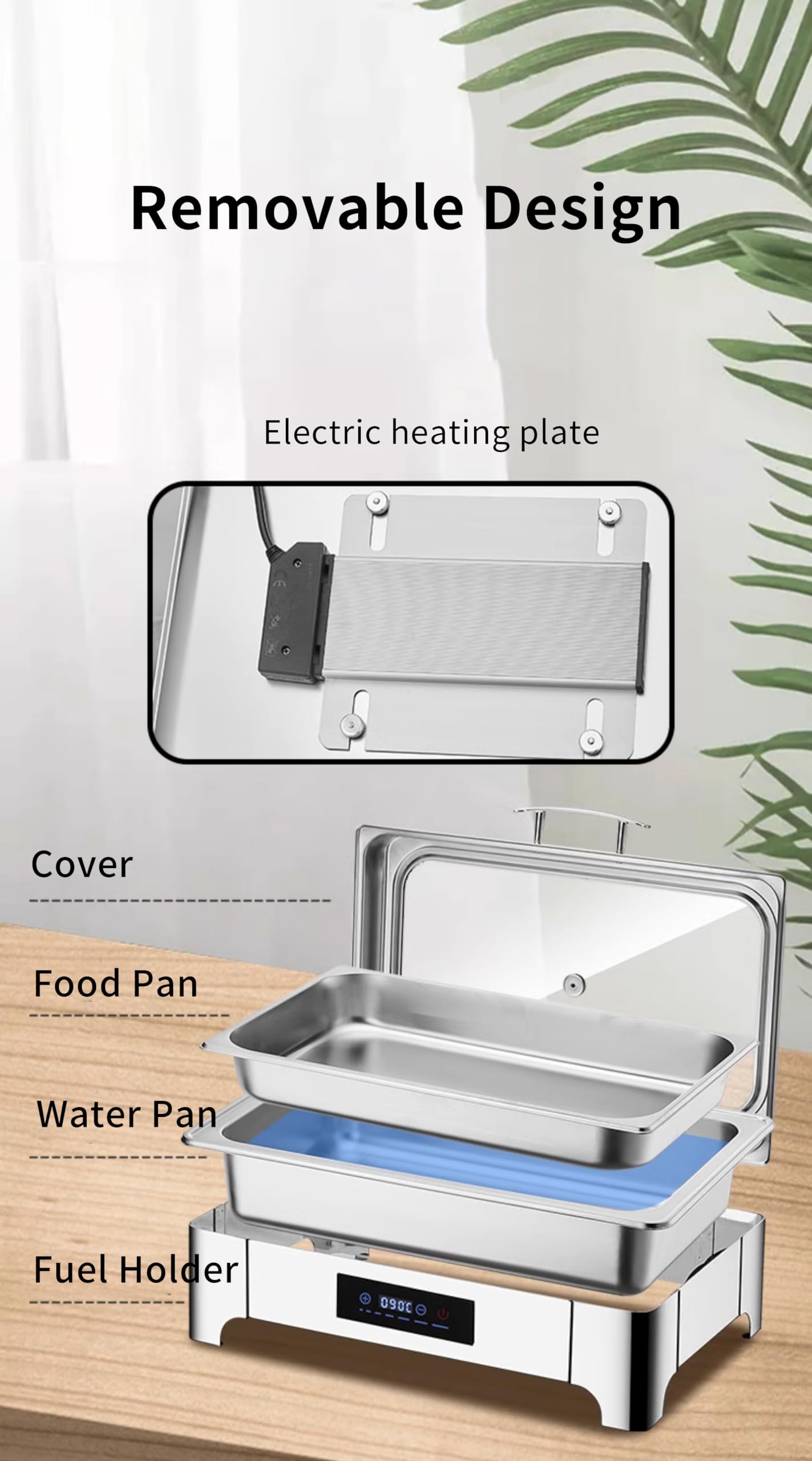 Juego de platos de roce, gran capacidad, acero inoxidable de 9 L, tapa abatible, control de temperatura LED para eventos y banquetes, equipo de catering (rejilla individual)