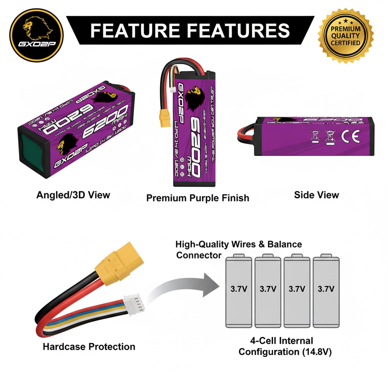 Lot 2 Batteries LiPo 4S 6200mAh 14,8V 120C XT90 Pack Double Haute Performance Longue Autonomie Boîtier Rigide pour Voiture Course Buggy Truggy Camion RC 1/10 1/8 Échelle Télécommandé
