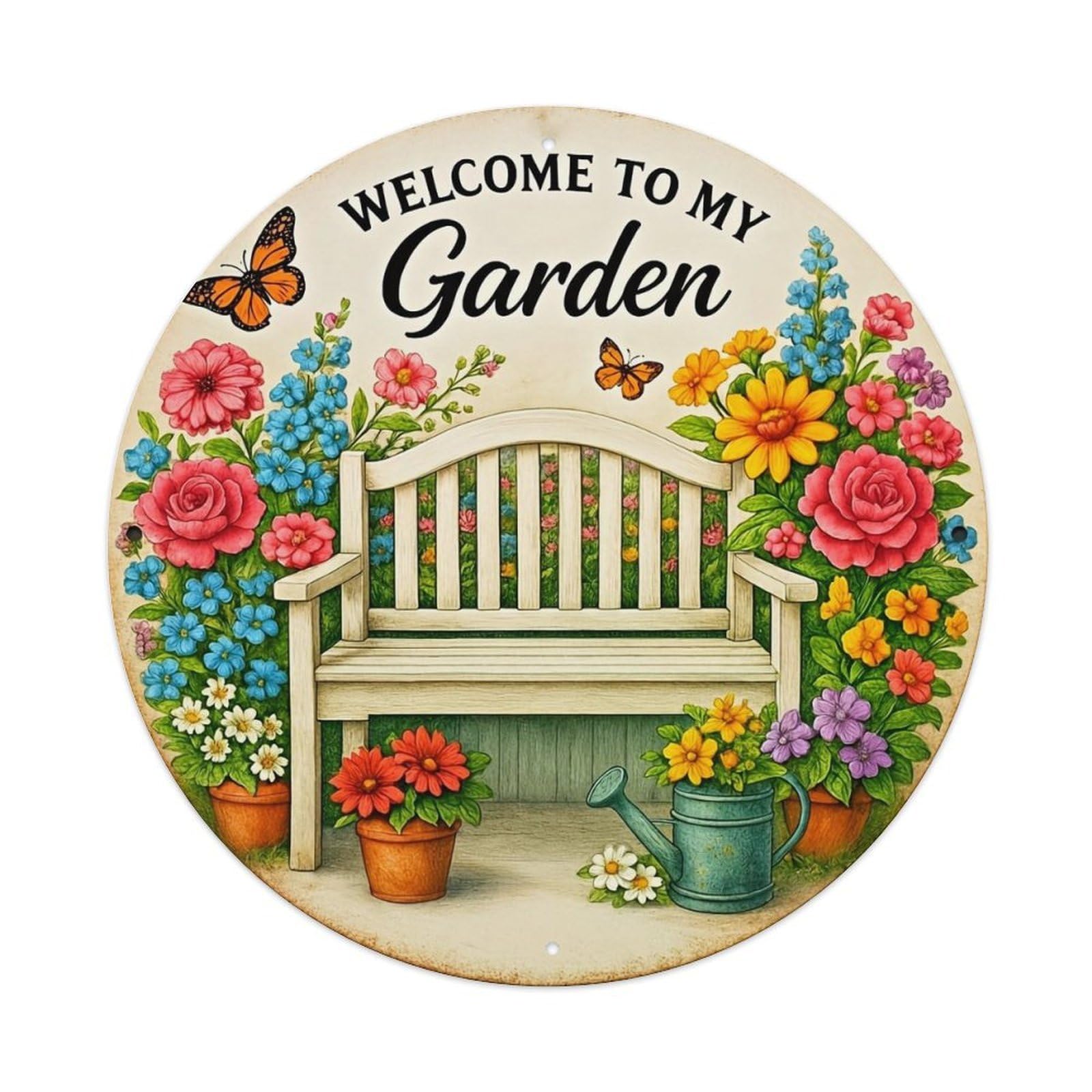 Welcome To My Garden Bench Flowers Round Metal Tin Sign Vintage Wall Decor, Bar Garage Cafe Kitchen Home Wall Art Poster 8x8inches