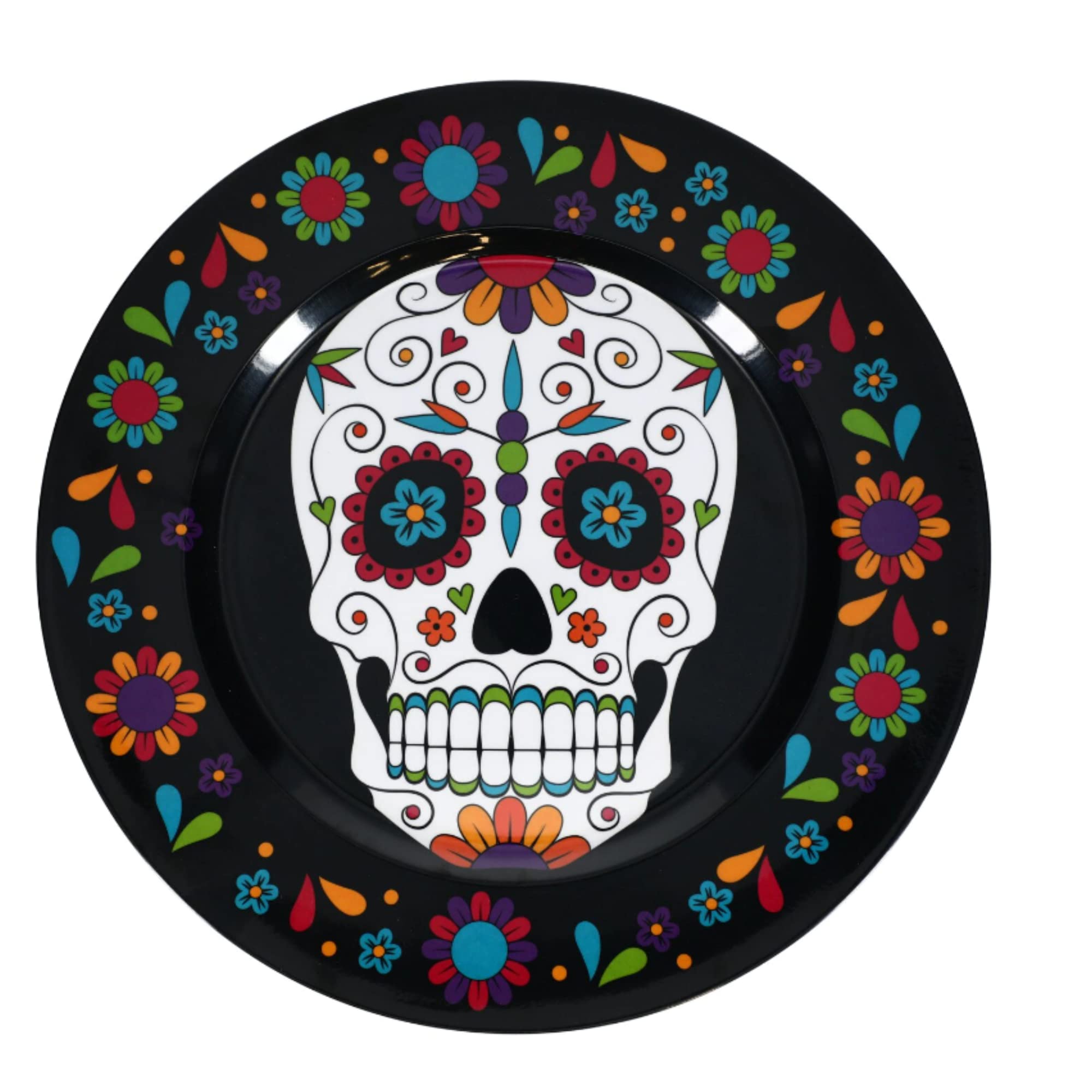 EBK Day of the Dead Round Charger Plates 7 in Sugar Skull Melamine Decorative Halloween Harvest Table Decor Reusable Platter Tableware Dinner Indoor Outdoor Events Set 4 & Customized bag, 13 inches