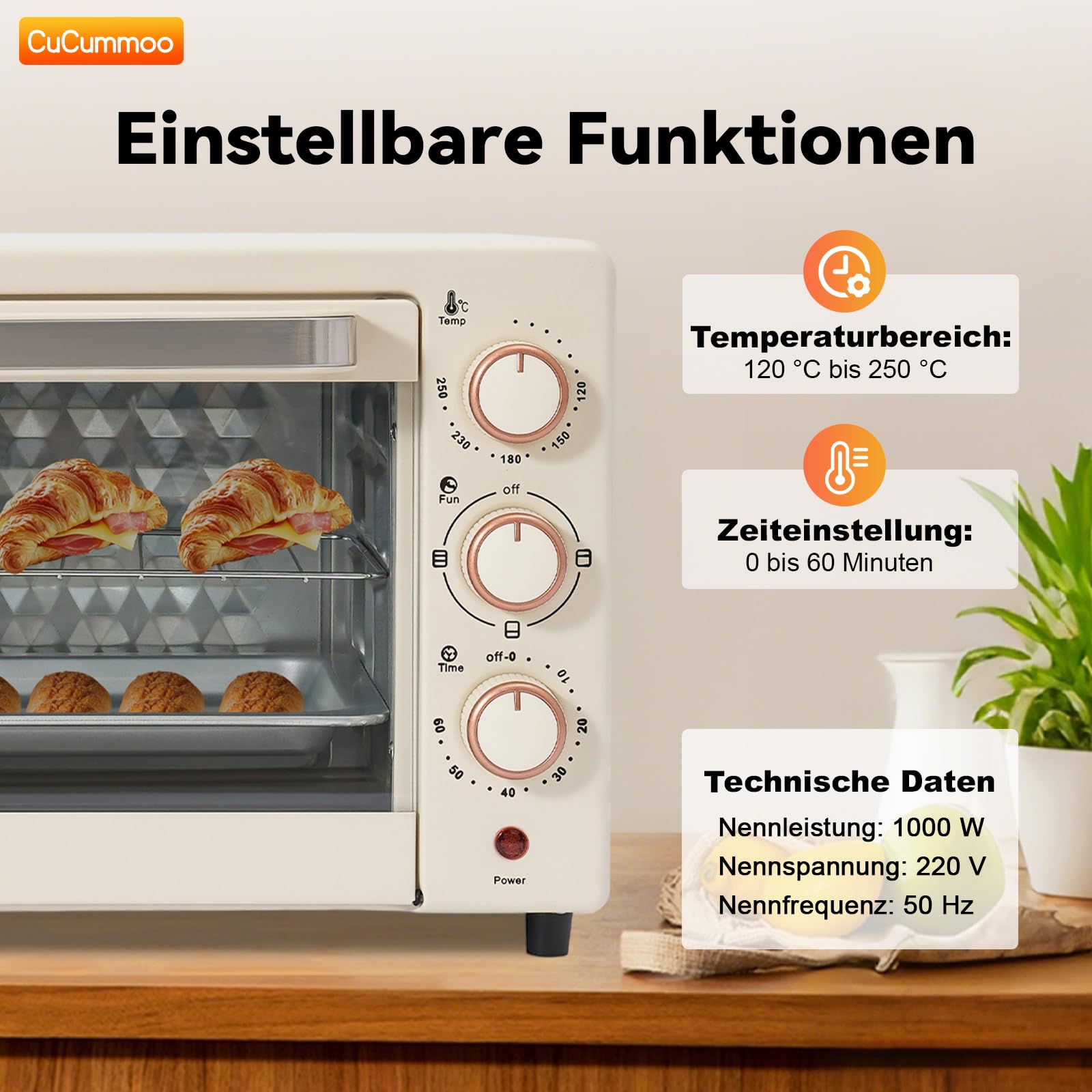Minihorno pequeño 22 L, sartén y parrilla, 1000 W, temporizador 60 min, horno pizza, 120-250 °C, eléctrico para familias, fiestas, barbacoas, snackbars, postres