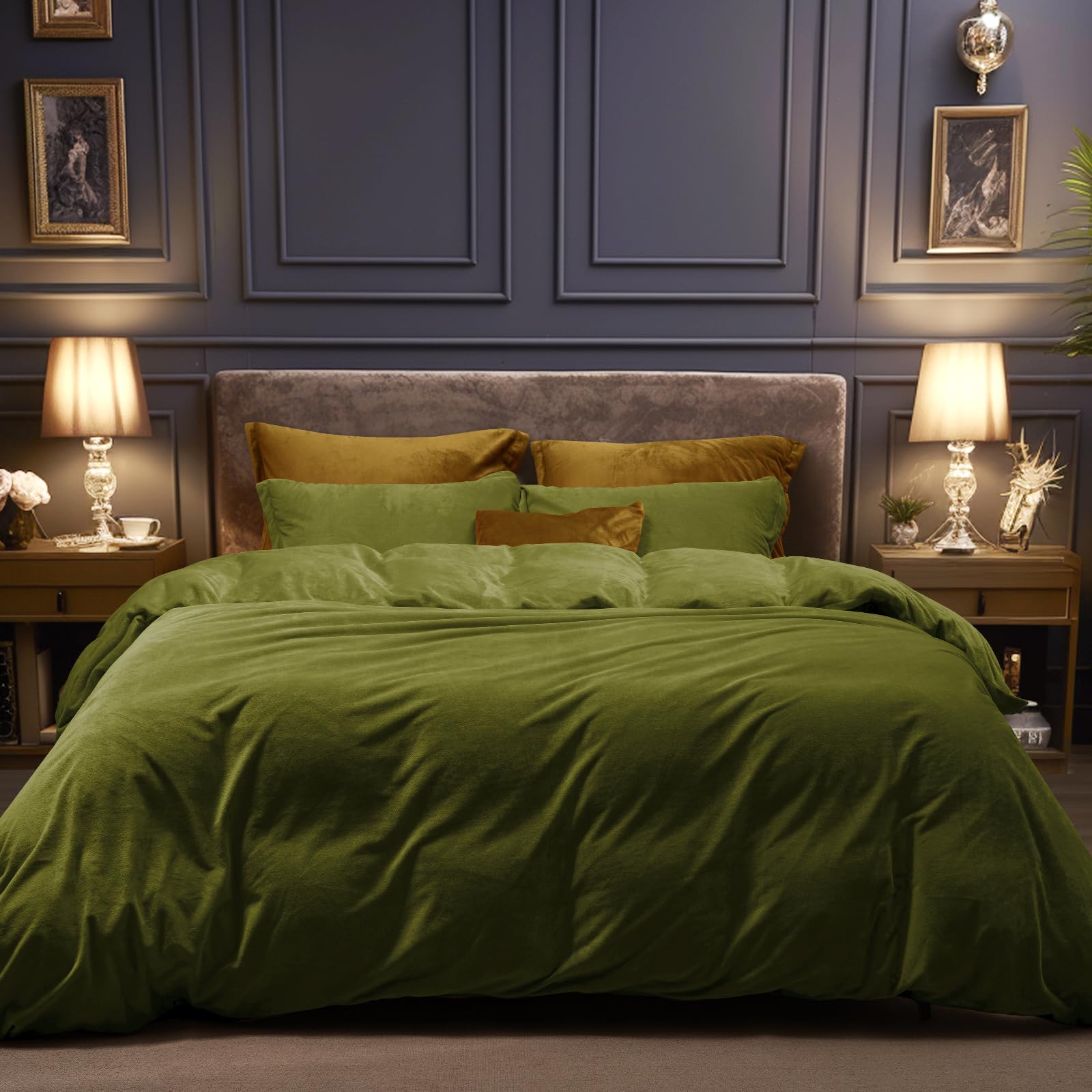 PHF Super Soft Velvet Duvet Cover Queen Size, 3pcs Luxurious Breathable Velour Fluffy Comforter Cover with 8 Ties, Cozy Flannel Duvet Cover with Pillow Shams, Zipper Closure, 90"x90", Olive Green