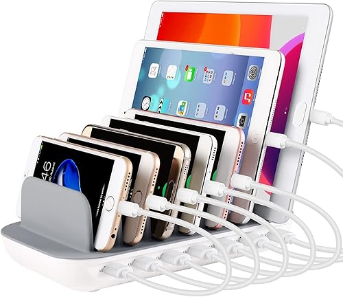 7 estaciones de carga USB para dispositivos electrónicos habilitados con 7 cables cortos, cargador de escritorio compatible con teléfonos celulares,