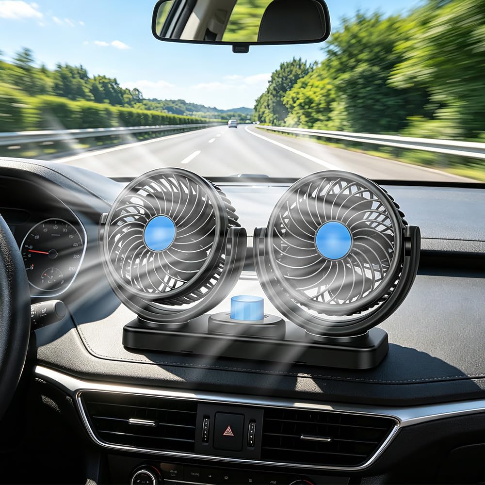 Wentylator samochodowy z podwójną głowicą 12 V, z podwójną głowicą, dmuchawa z 3 prędkościami, obracany o 360°, cichy wentylator do samochodów ciężarowych, łodzi, SUV-ów, kamperów