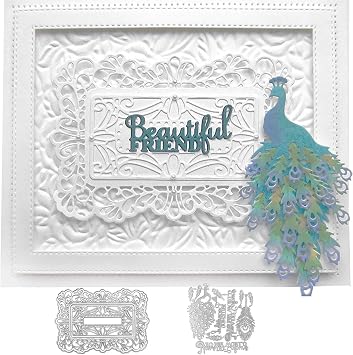 Peacock Dies for Card Making DIY Scrapbooking Embossing Lace Rectangular Frame Metal Cutting Dies for Paper Crafting Handmade Crafts Christmas Die Cuts Crafts Projects Scrapbook Album Decor