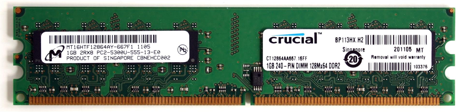 MEMORY, MT16HTF12864AY-667F1 1GB 2RX8 PC2-5300U-555-13-E0, CT12864AA667.16FF