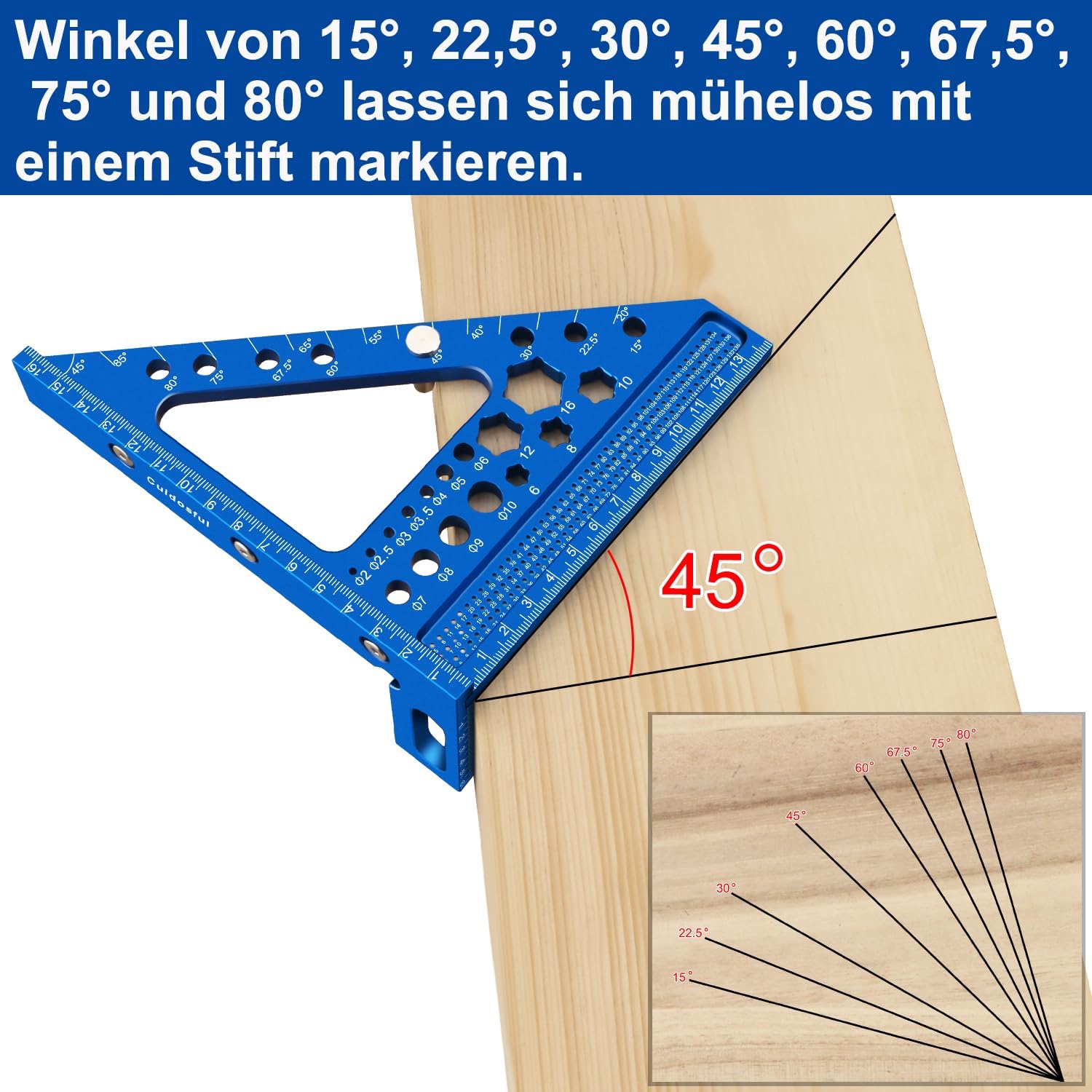 3D multi-hoek-meetliniaal voor houtbewerking, premium aluminiumlegering, 45/90 graden gradenboog, teken- en verstekliniaal