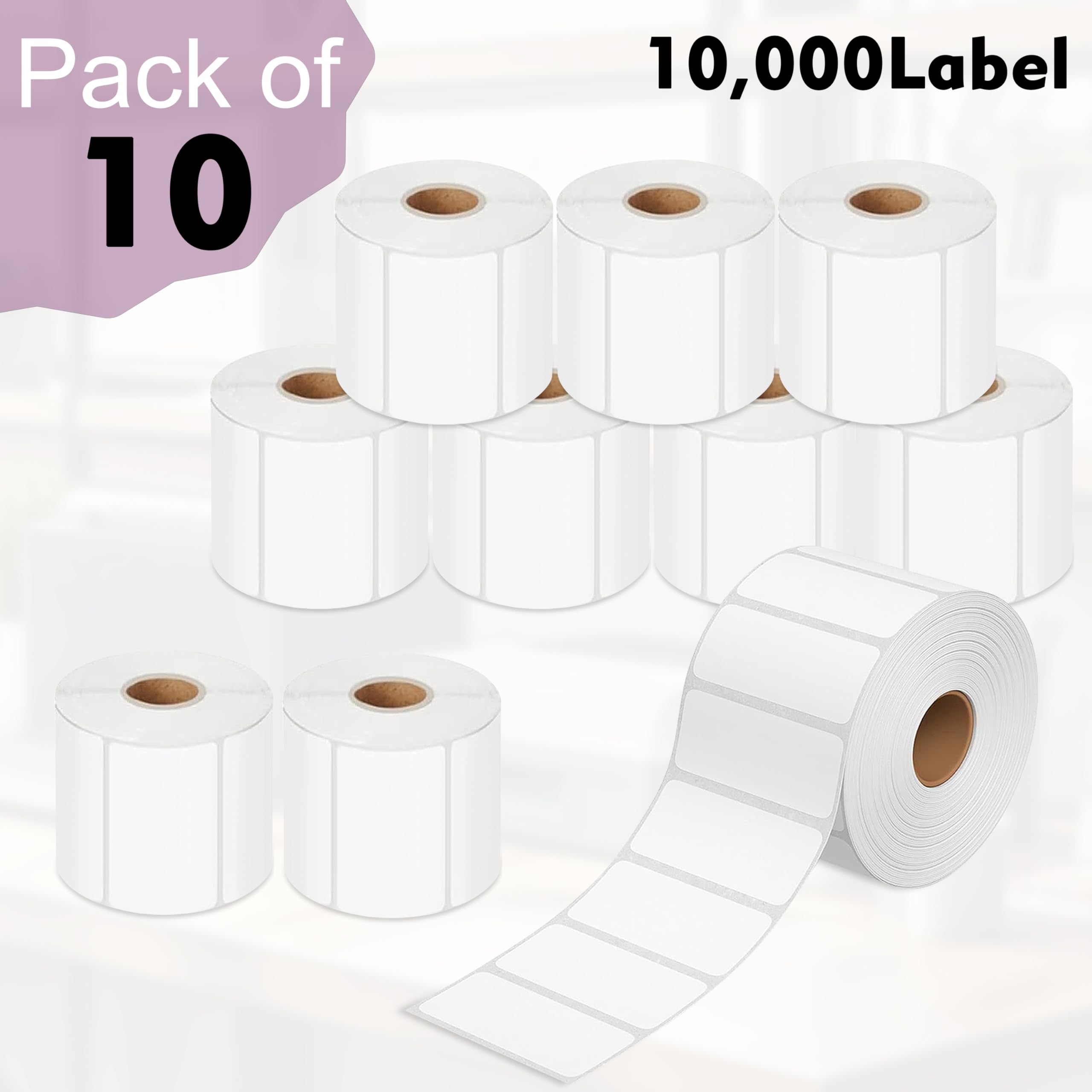 GLUN Direct Thermal Barcode-Etiketten, Größe 50 mm x 25 mm, 10.000 Etiketten, 10 Rollen, direktes thermisches Weiß, selbstklebender Aufkleber zum Beschriften und Barcodieren