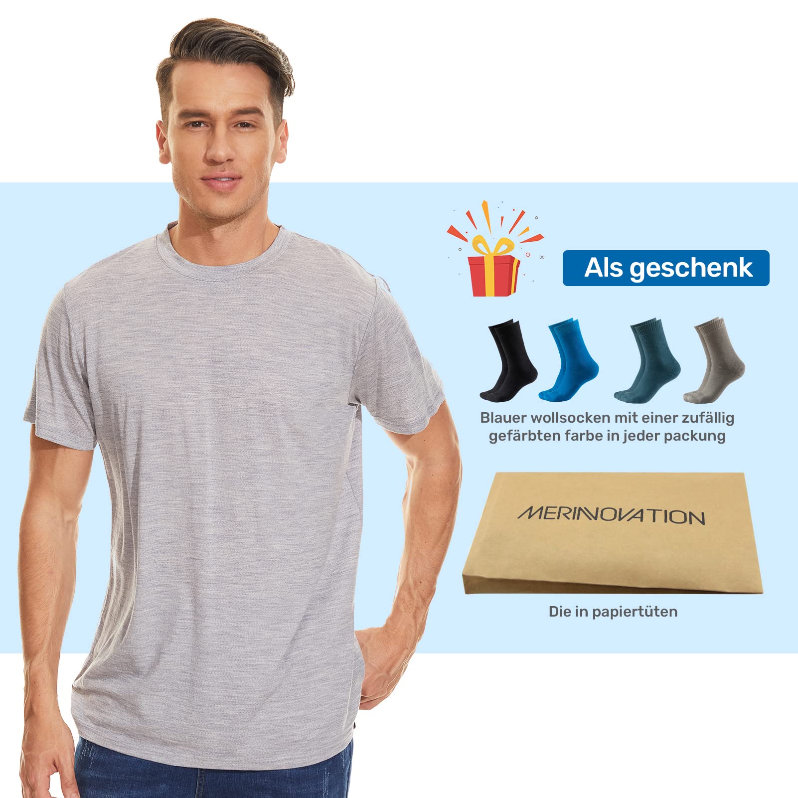 MERINNOVATION Everyday - Camiseta de manga corta para hombre, transpirable e inodora, lana merino, capa base + calcetines de lana merino