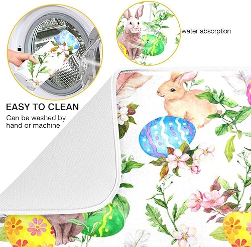 Miniatura 2 de Tapete de secado de platos de conejo para cocina, huevos de Pascua, flores de primavera, tapete de secado de microfibra, absorbente y reversible,