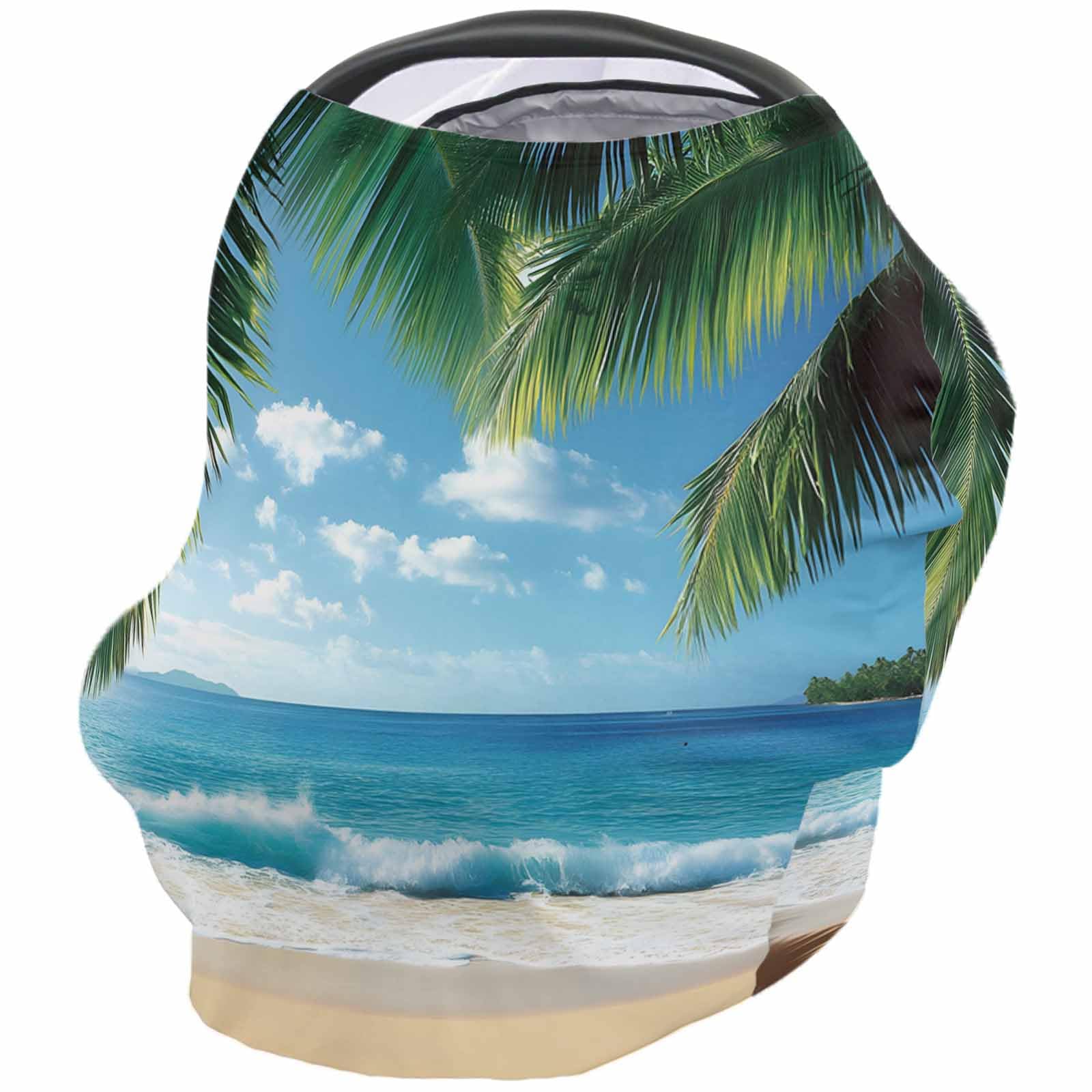 Blue Beige Coastal Beach Nursing Cover for Breastfeeding Scarf, Summer Sky Palm Tree Scenery Baby Car Covers Super Soft Multi Use for Canopy Shopping Cart Cover Blanket Stroller Cover