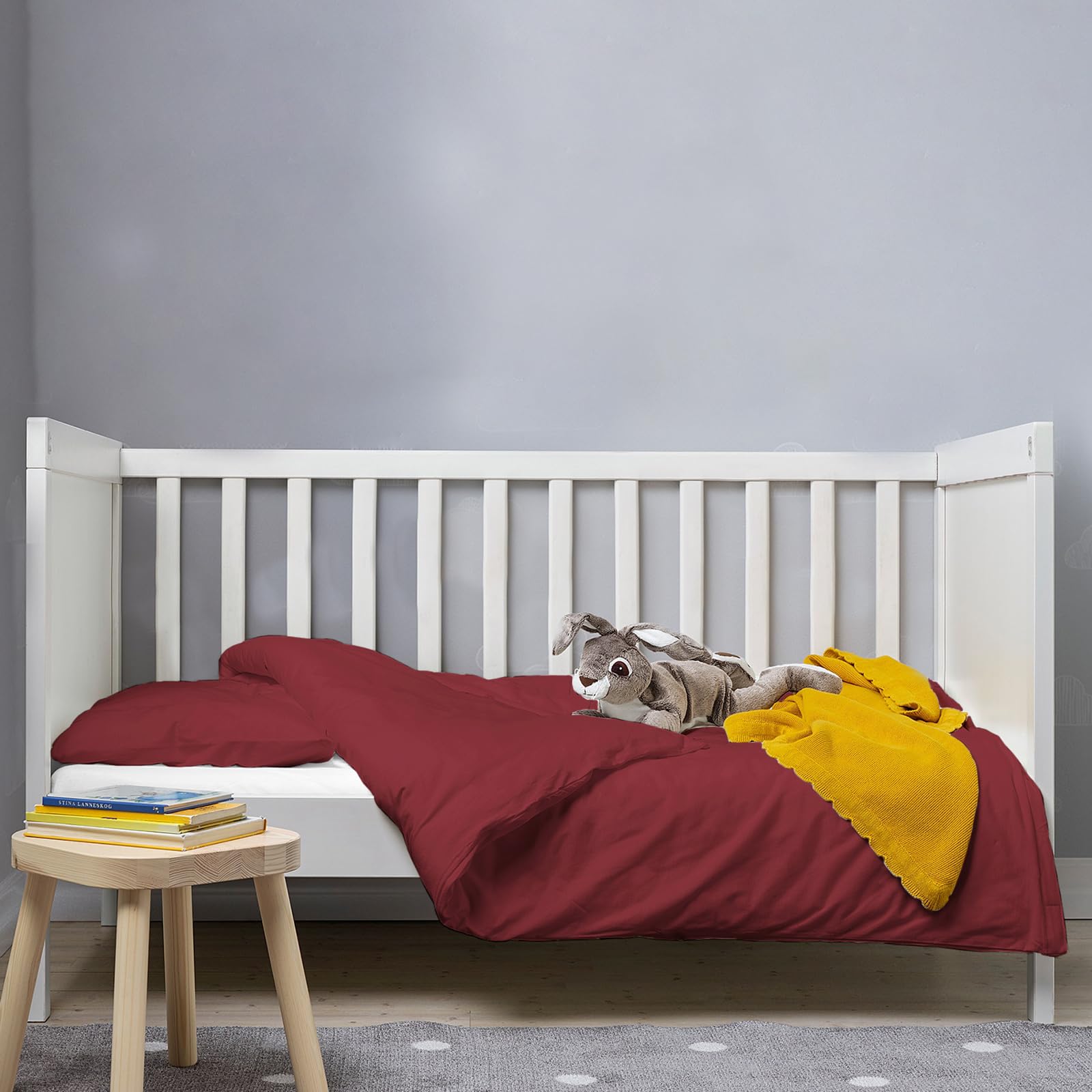 Pizuna Rio Red 100% Cotton Crib Duvet Cover 400 Thread Count Long Staple Cotton Duvet Cover 100X135 Cm, Soft Sateen Weave Toddler Bedding Set Include 1 Duvet Cover And 1 Baby Pillow Case