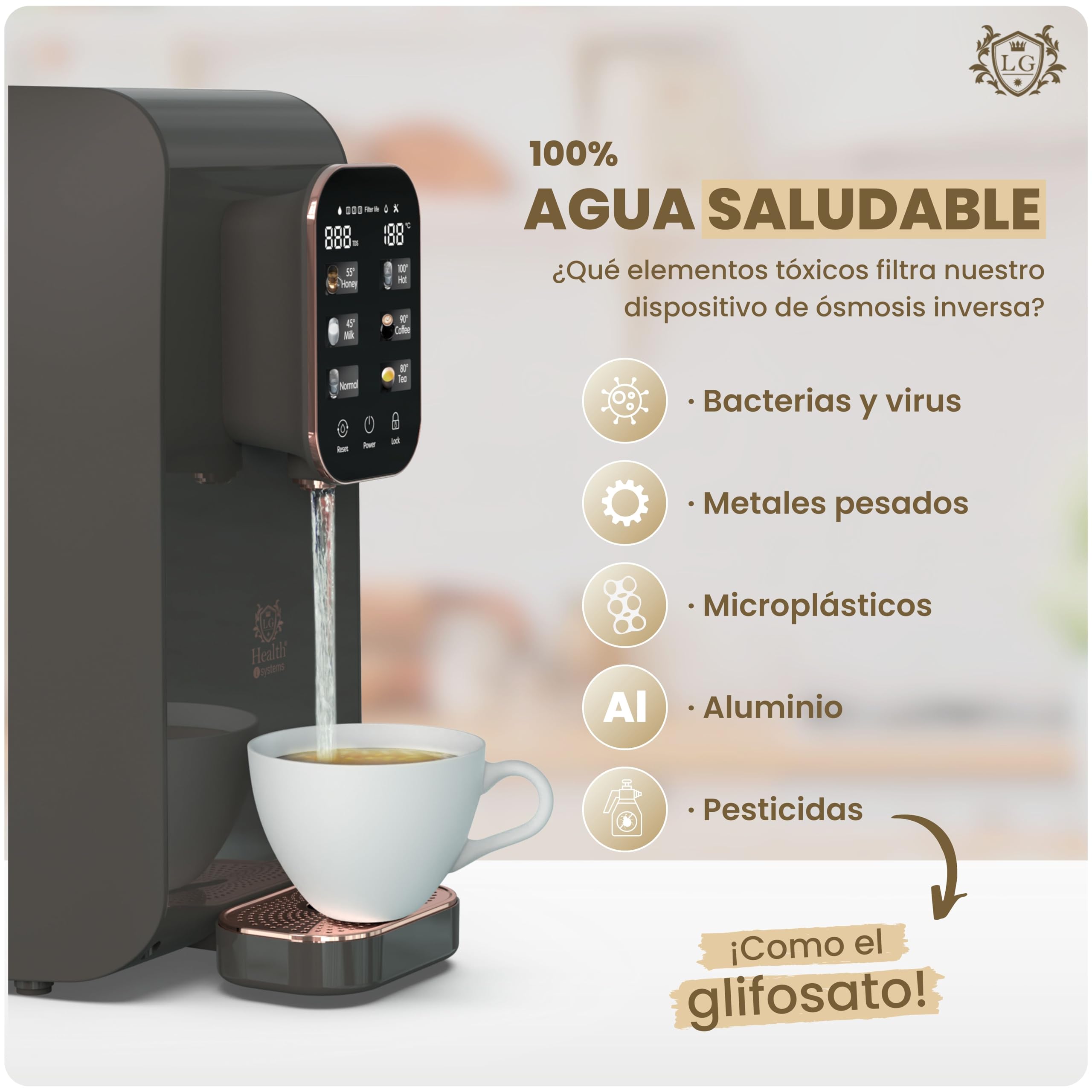 LG Health Purificador de Agua con Sistema de Ósmosis Inversa Compacta - Dispensador de Agua Potable con 6 Niveles de Temperatura - Máxima Filtración de Tóxicos - Sin Instalación - Filtros Incluidos.