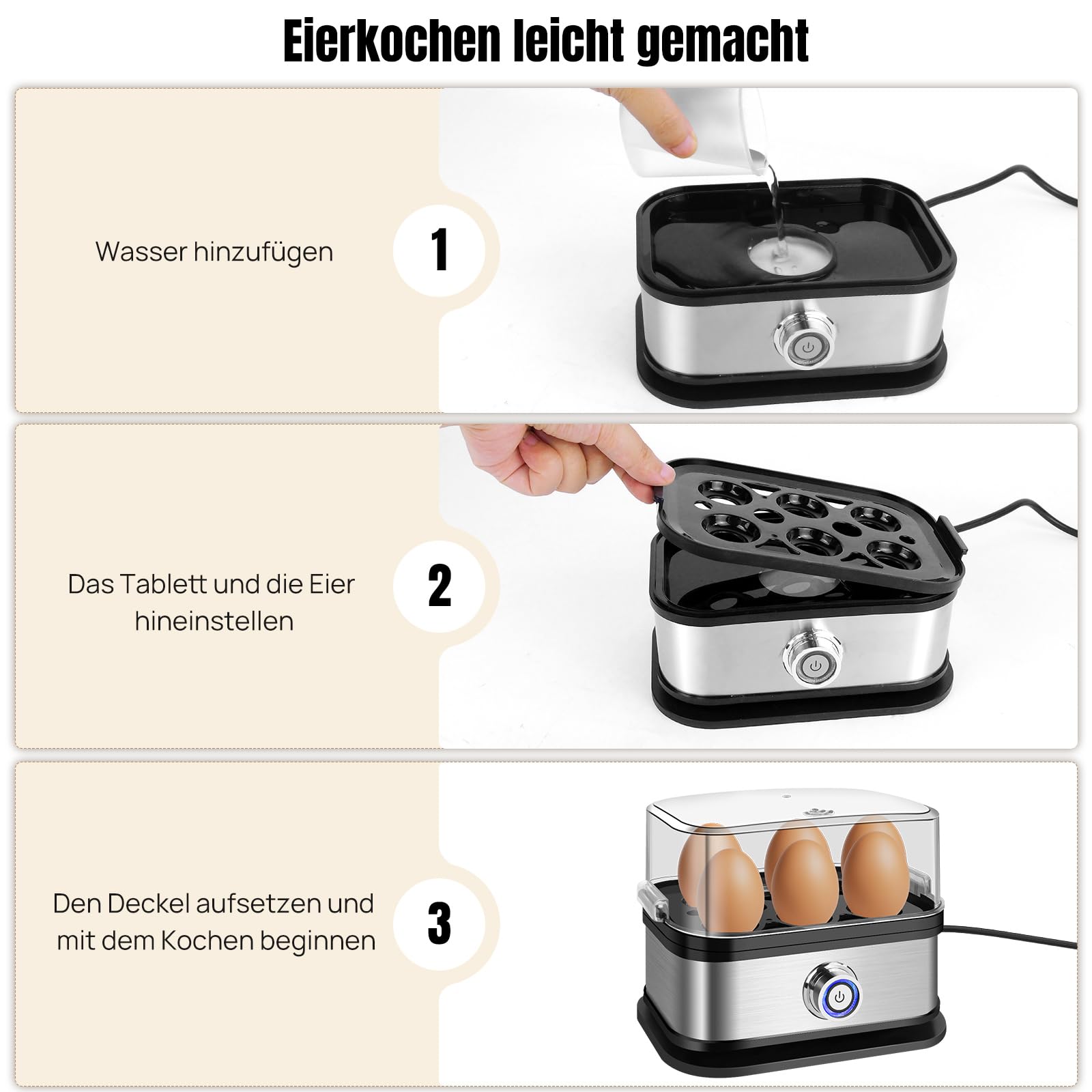 400W Eierkocher mit Dampfgarer, 6 Eier, Gleichmäßige Dampfverteilung, Sicher mit Überhitzungsschutz,Schnell und Energieeffizient, Edelstahl, Ideal für Eier, Reis, Gemüse