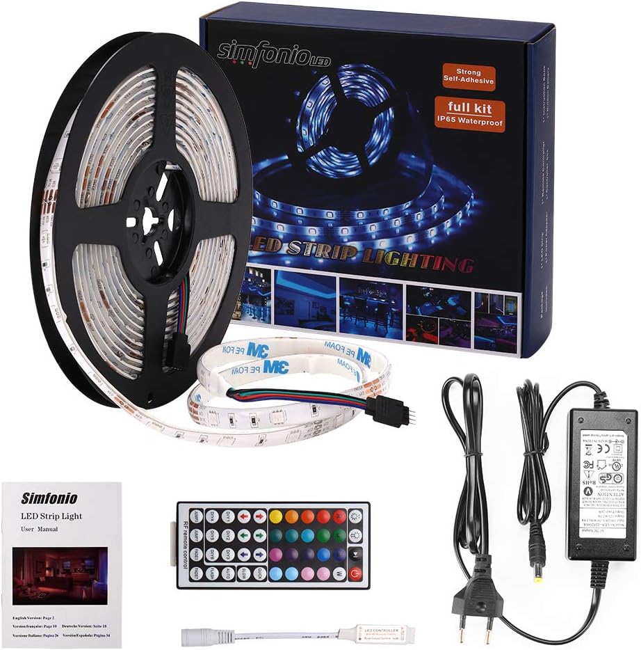 Simfonio LED Strip 5m - LED Stripes 5m Wasserdicht 5050SMD 150 LED RGB Strip Full Kit - LED Streifen mit RF Mini Controller und Netzteil