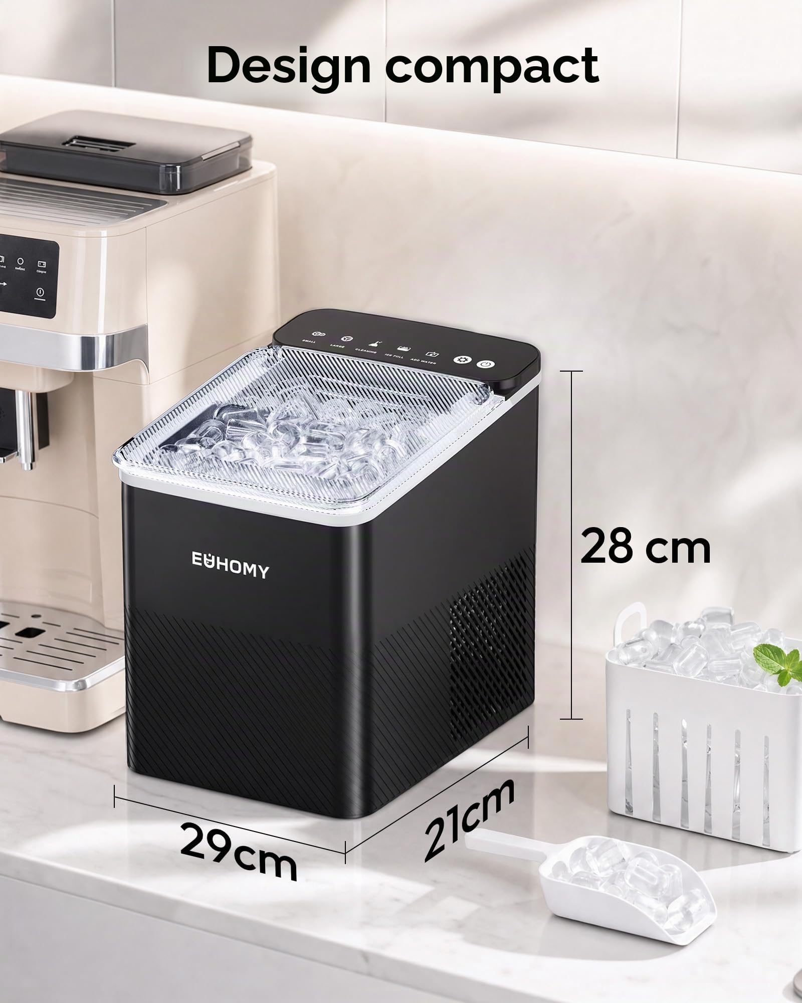 EUHOMY Machine à Glaçons Conception Compacte Réglage à Un Bouton 9 Glaçons en 2 Tailles Nettoyage Automatique Alertes Intelligentes Couvercle Transparent Noir pour Bureau/Cuisine/Chambre