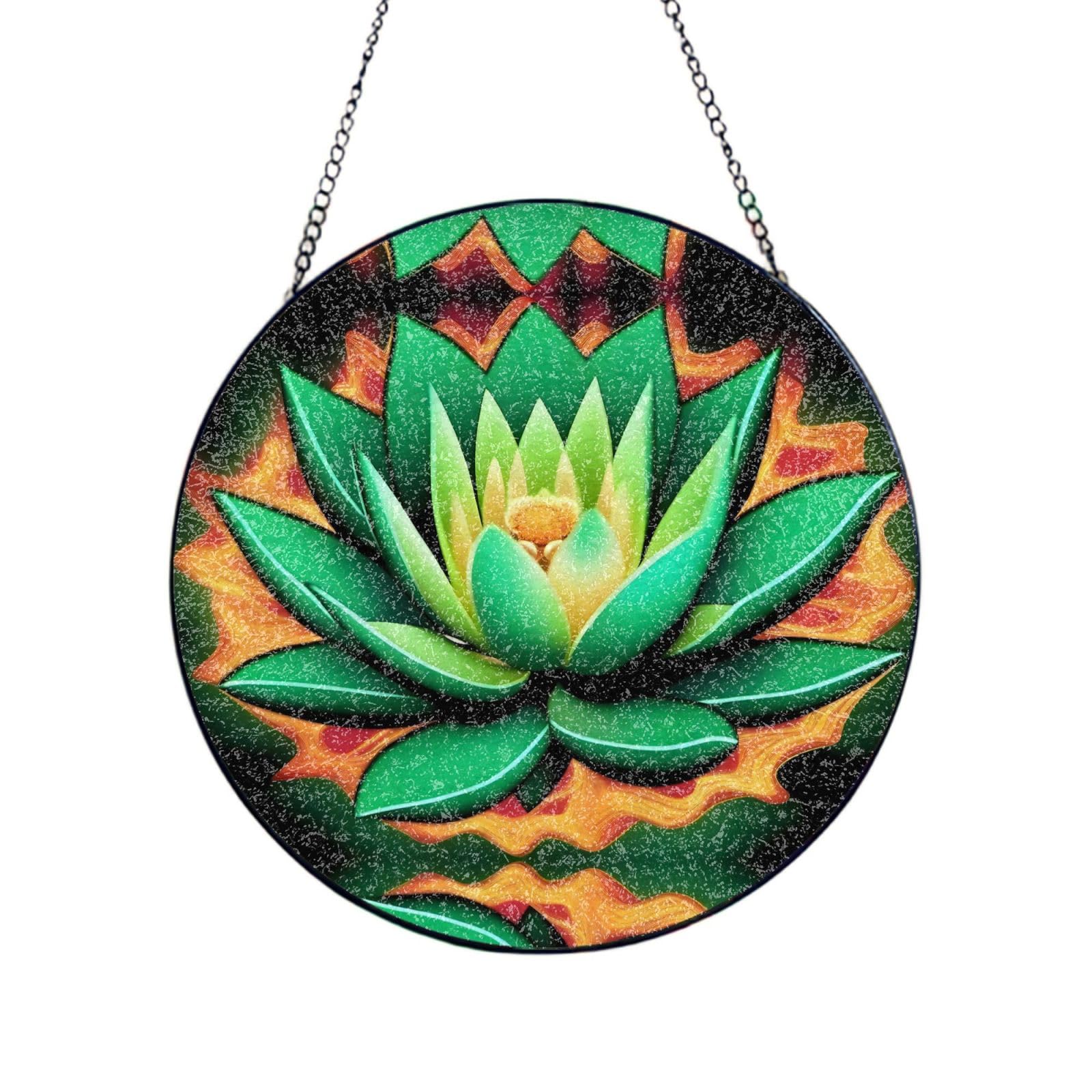 Phayah Green Lotus Flower Print Stained Glass Window Hanging Suncatcher For Door Terrace Garden Home Decor Sun Catcher Birthday Gifts For Lovers Dad Mom 10in（25cm）