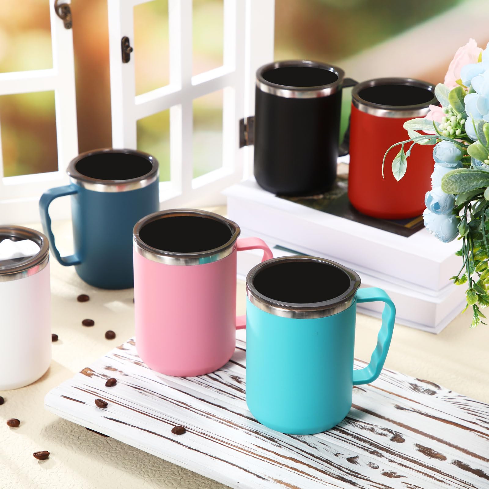 Paquete de 6 tazas de café con asa y tapa, taza aislada de acero inoxidable de 17 onzas, taza de vacío de doble pared, reutilizable, térmica, tazas de té para el hogar, oficina, campamento